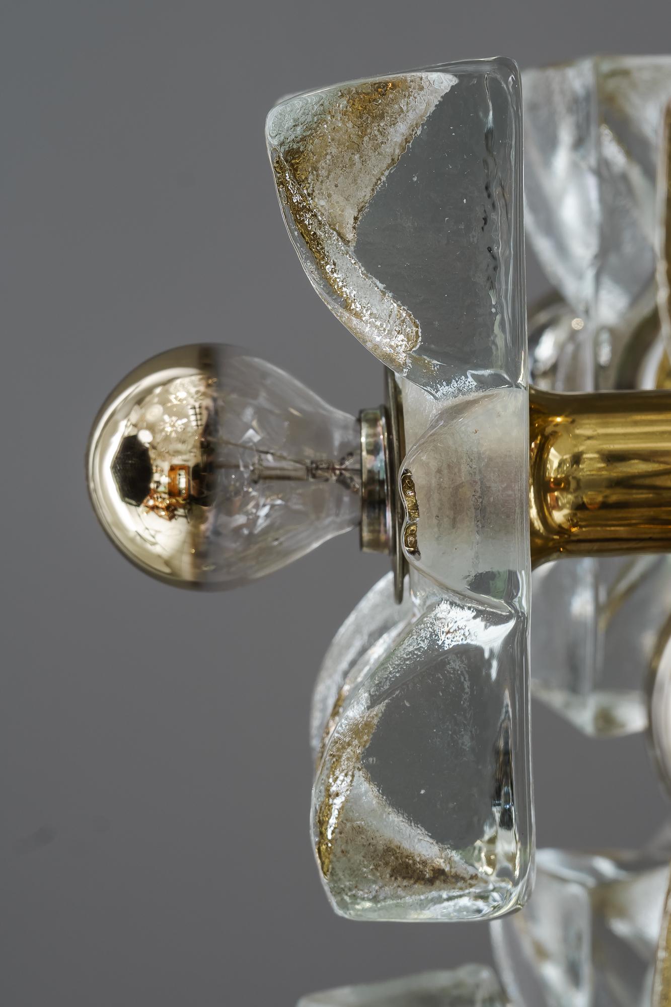 Frosted Sische Glass and Brass Chandelier, Vienna, circa 1960s For Sale