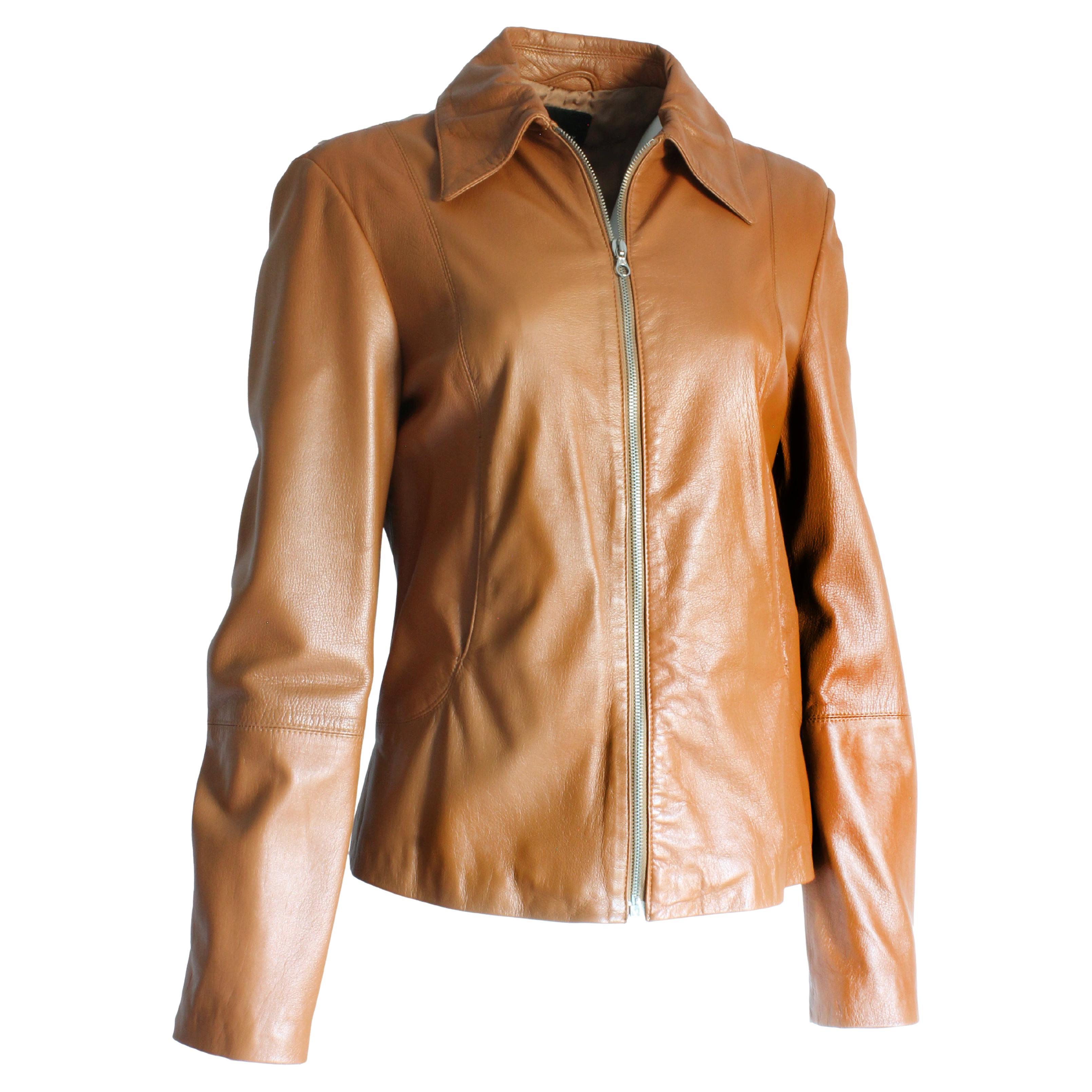 Sisley Italy Jacket Cropped Ladies Buttery Tan Leather Size 44 For Sale at  1stDibs