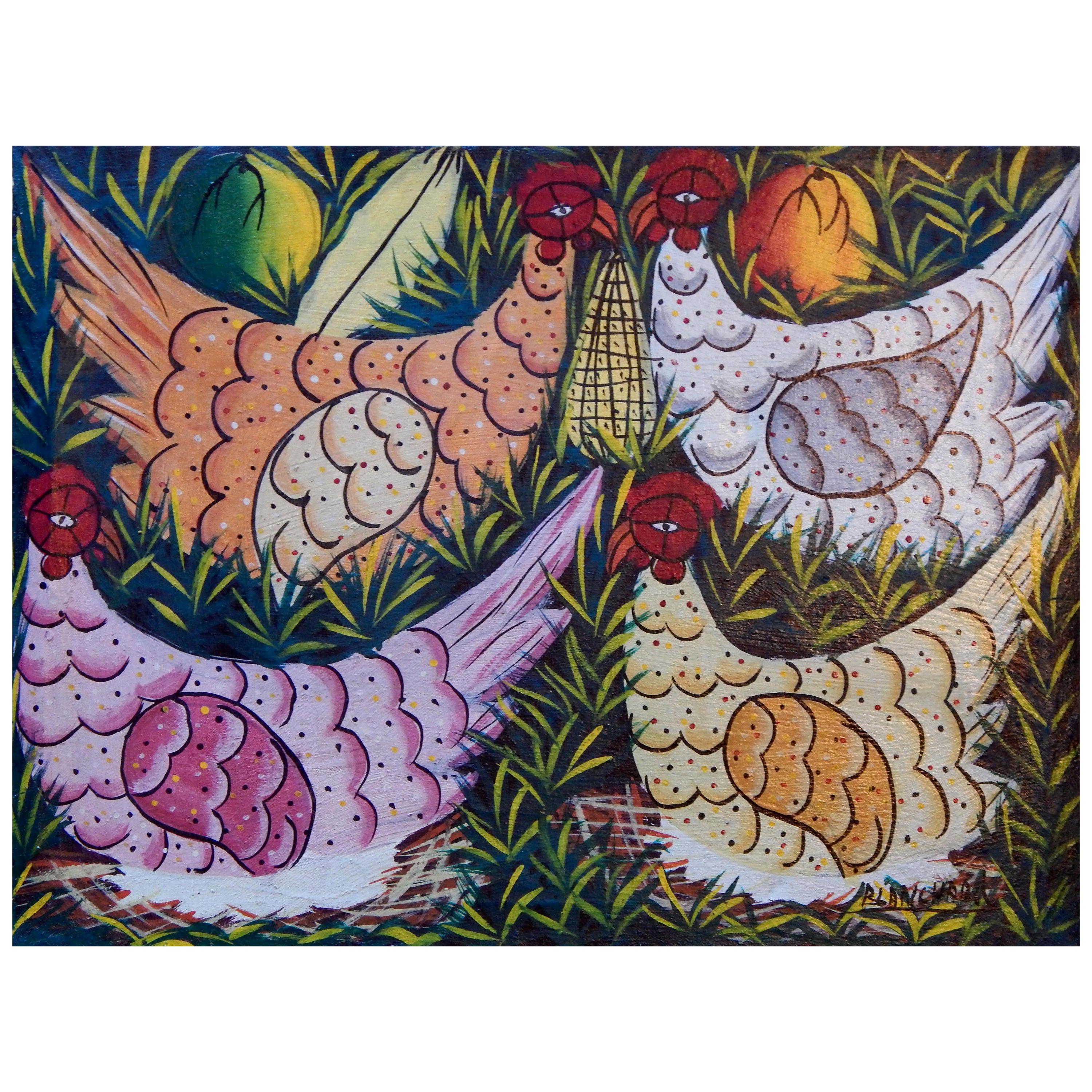 Sisson Blanchard Haitian Folk Art Painting with Chickens
