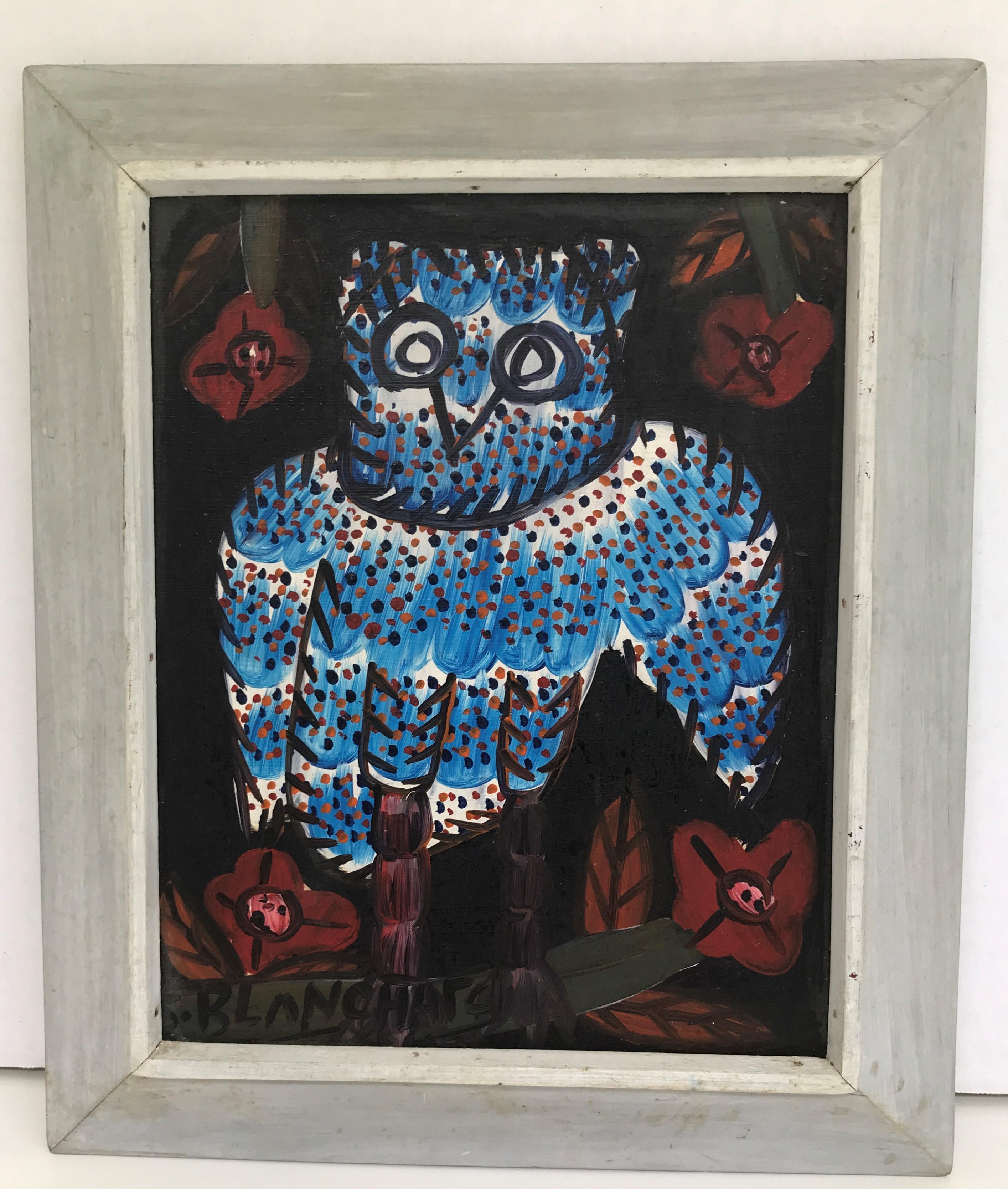REDUCED from $680.....Noted listed Haitian painter, Sisson Blanchard (1929-1981) blue owl – Oil on Masonite with original frame circa 1970 Haitian Art.

Born in 1929 in the small southern Haiti village of Trouin, Sisson Blanchard moved to the