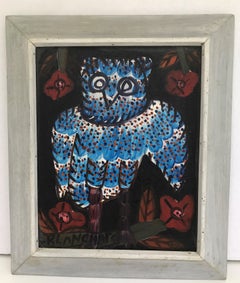 Sisson Blanchard Naive Haitian Painting Blue Owl Oil/ Board, Haiti Listed, 1970s
