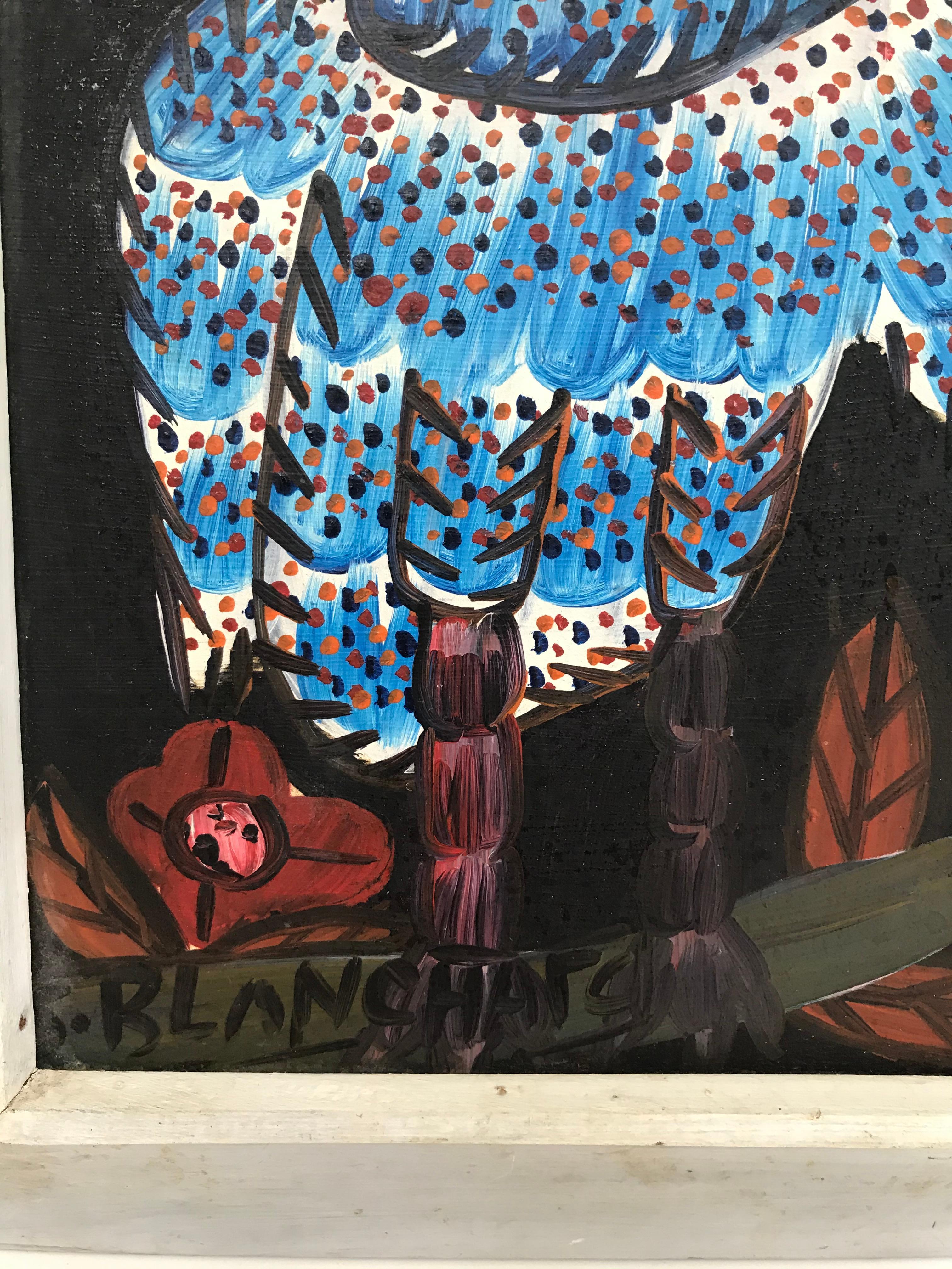 Modern Sisson Blanchard Naive Haitian Painting Blue Owl Oil/ Board, Haiti Listed, 1970s