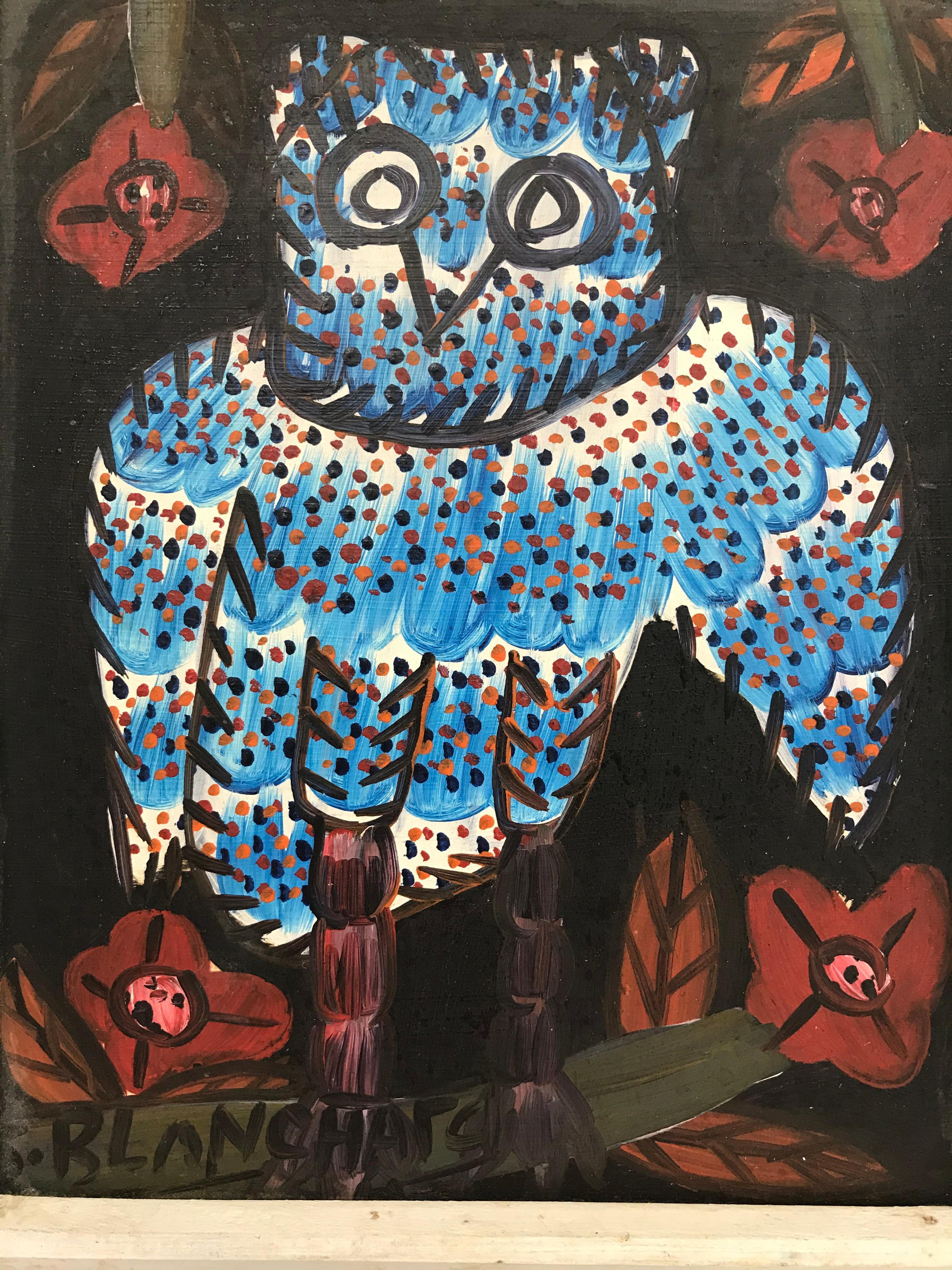 Sisson Blanchard Naive Haitian Painting Blue Owl Oil/ Board, Haiti Listed, 1970s In Good Condition In Miami, FL