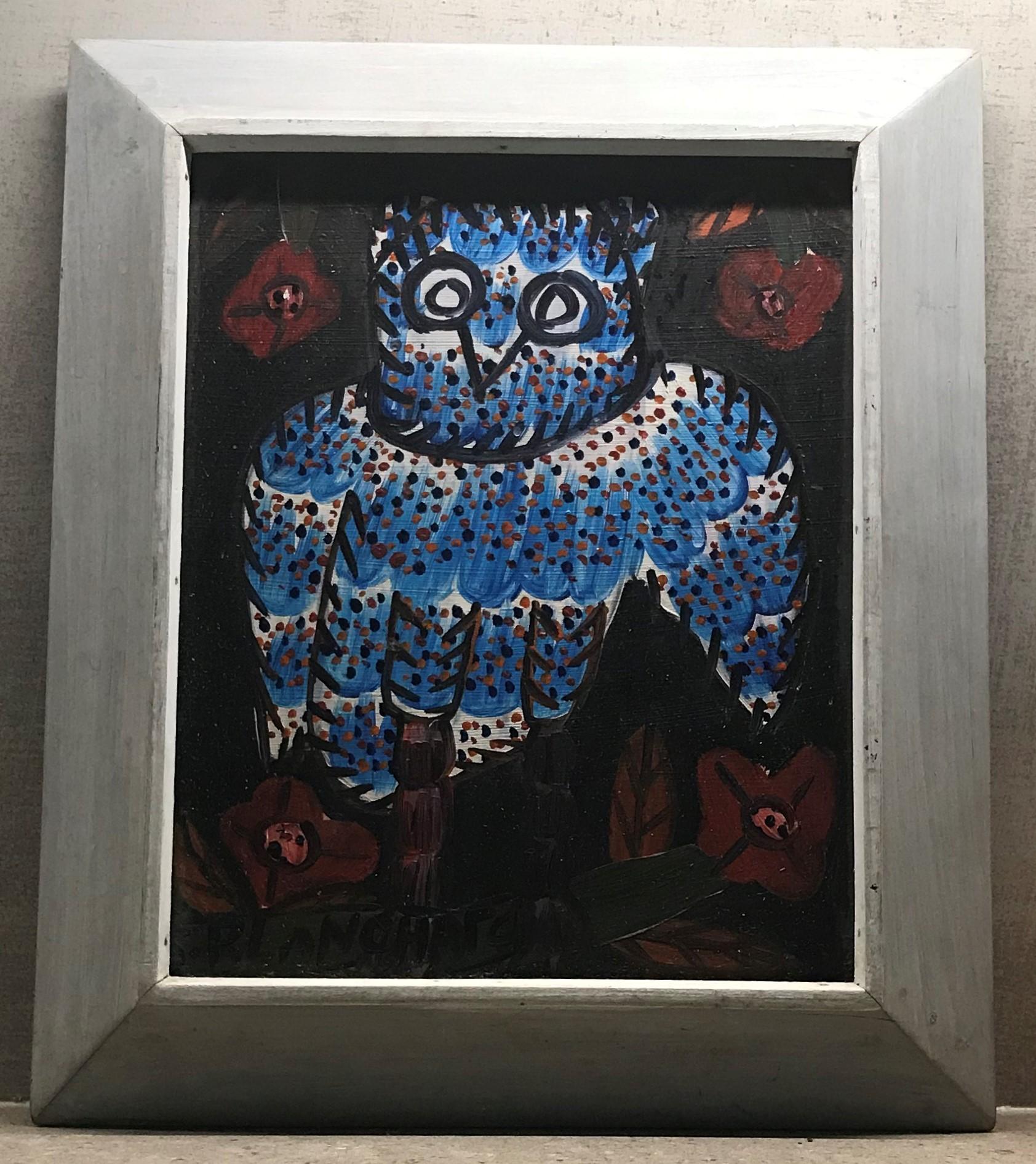 Late 20th Century Sisson Blanchard Naive Haitian Painting Blue Owl Oil/ Board, Haiti Listed, 1970s