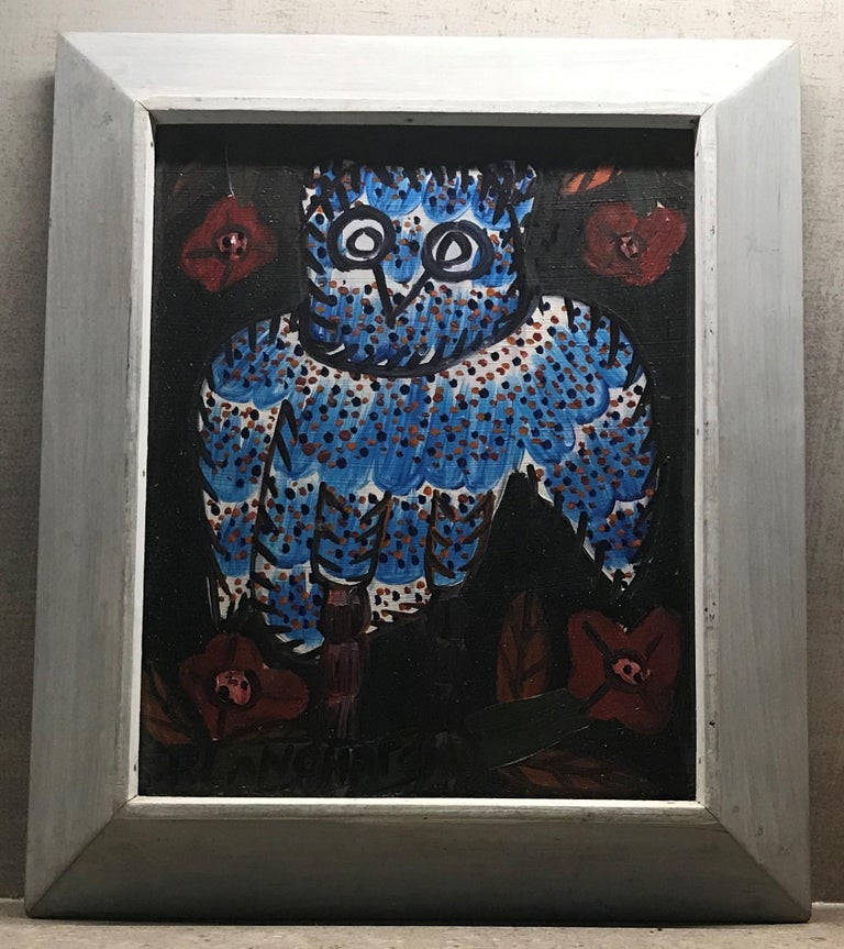 Sisson Blanchard Naive Haitian Painting Blue Owl Oil/ Board, Haiti