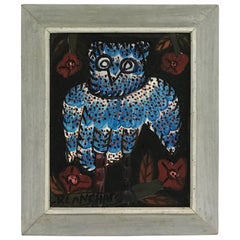 Sisson Blanchard Naive Haitian Painting Blue Owl Oil/ Board, Haiti Listed, 1970s