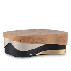 Sistelo Coffee Table Oak Root Brushed Brass Black and Champagne Lacquered