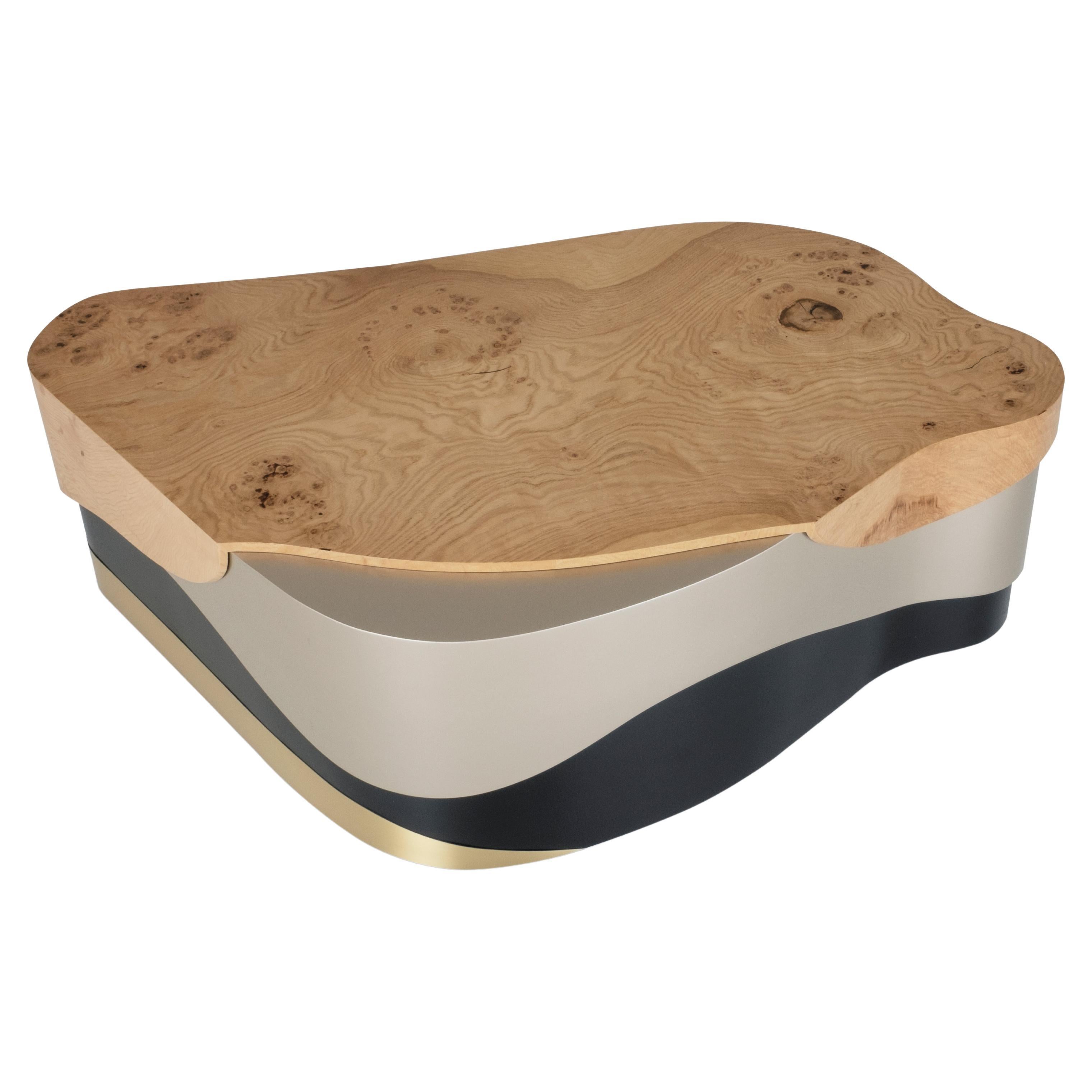 Sistelo Coffee Table Oak Root Brushed Brass Black and Champagne Lacquered