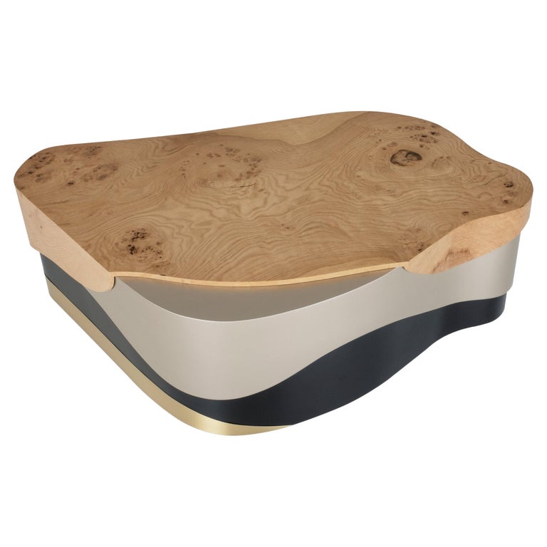 Sistelo Coffee Table Oak Root Brushed Brass Black and Champagne Lacquered For Sale