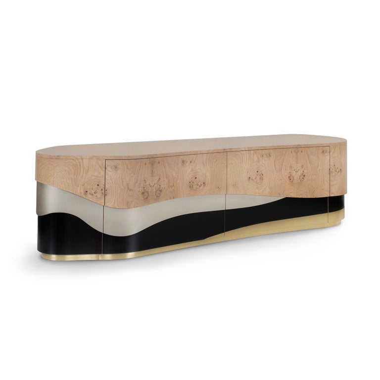Sistelo Sideboard Oak Root Brushed Brass Black and Champagne Lacquered For Sale 3