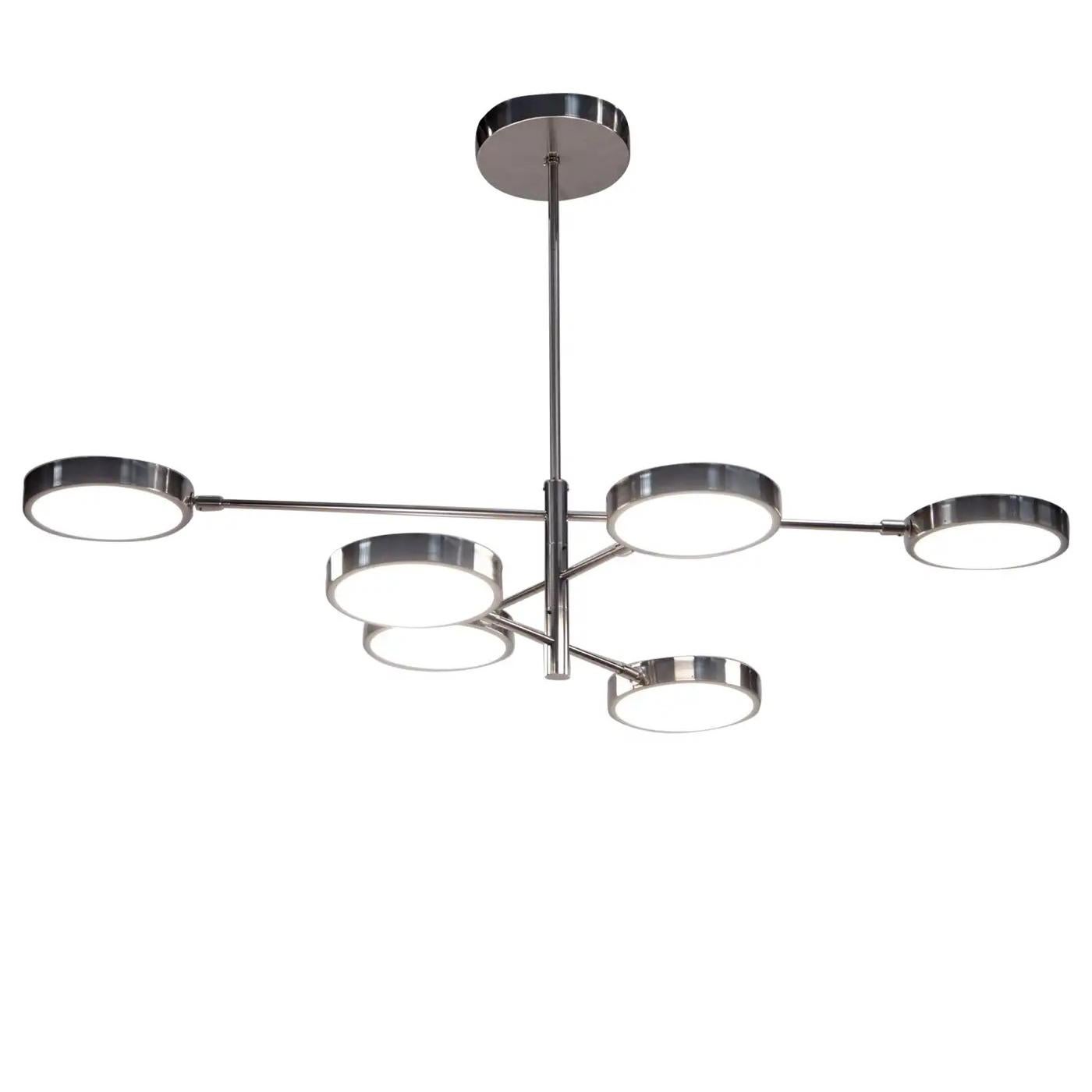 Sistema 6-Light Brushed Nickel And Glass Chandelier by Silvio Piattelli (21. Jahrhundert und zeitgenössisch) im Angebot