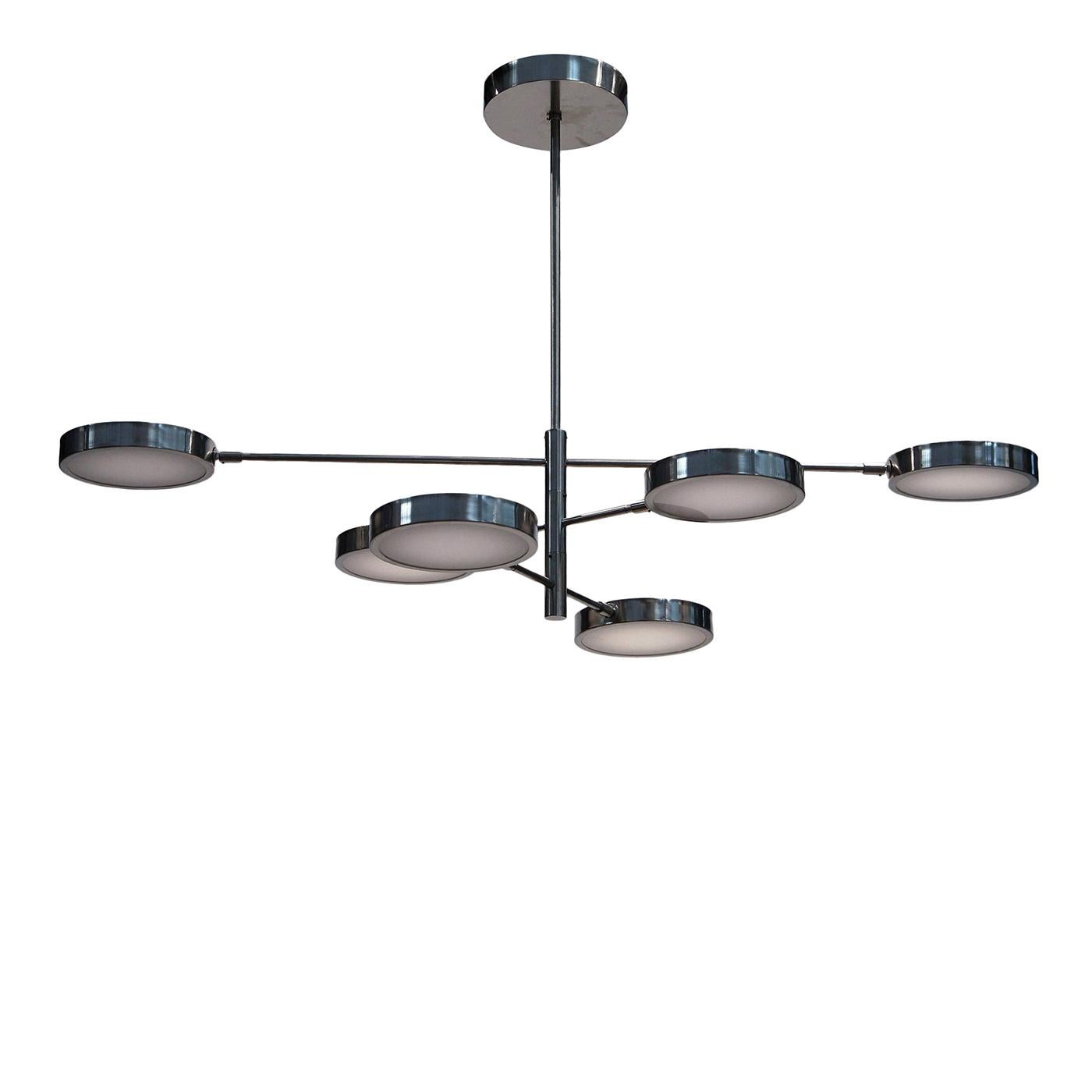 Sistema 6-Light Brushed Nickel And Glass Chandelier by Silvio Piattelli (Messing) im Angebot