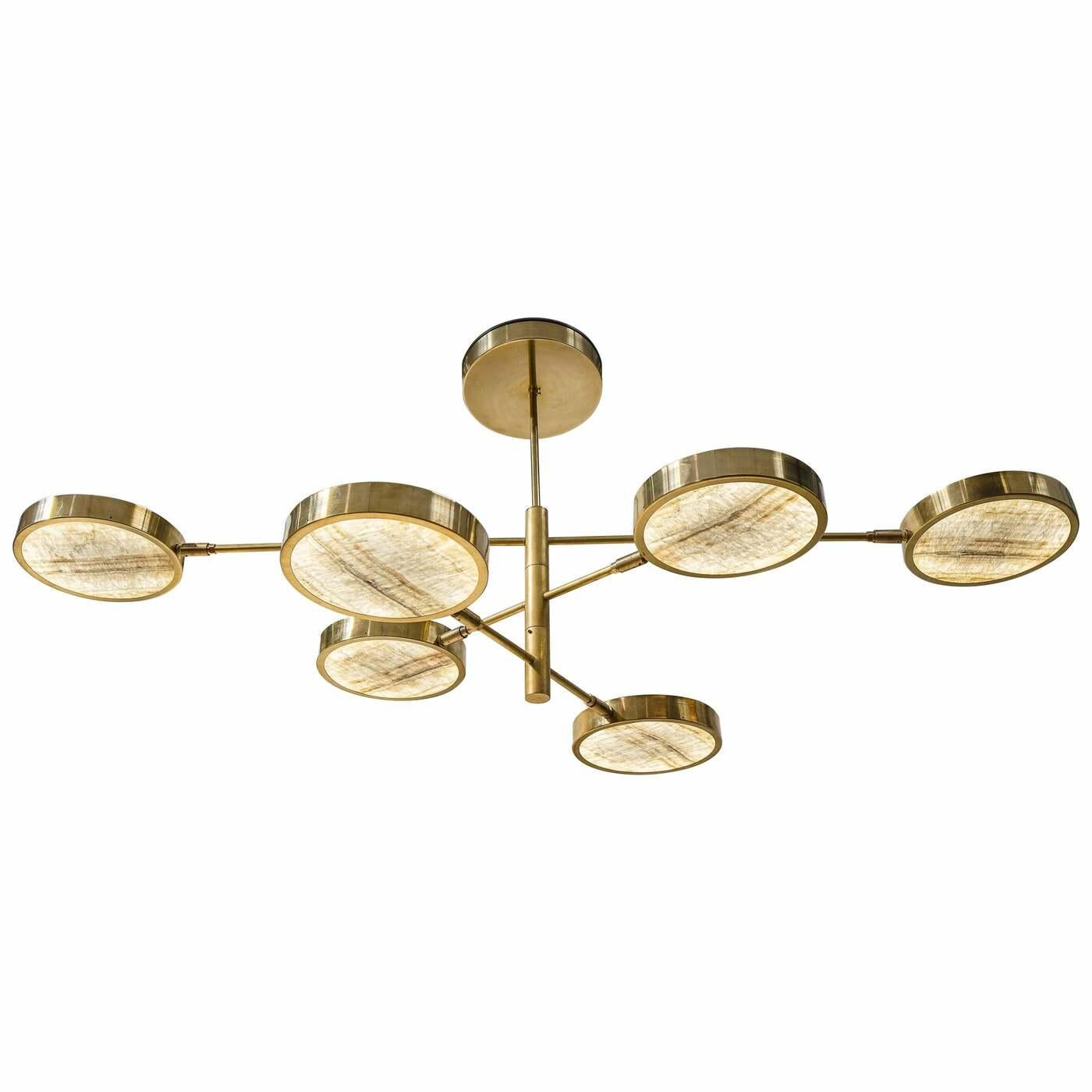 Ottone Lampadario Sistema Solare a 6 bracci in ottone e onice di Silvio Piattelli in vendita