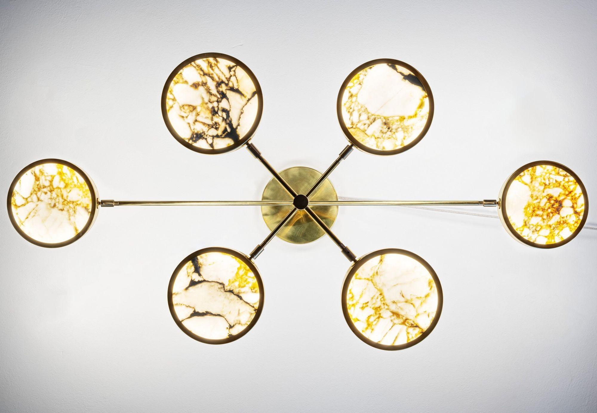 Lustre Sistema Solare design Piattelli, marbre doré et laiton Calacatta, 6 abat-jour en vente 6