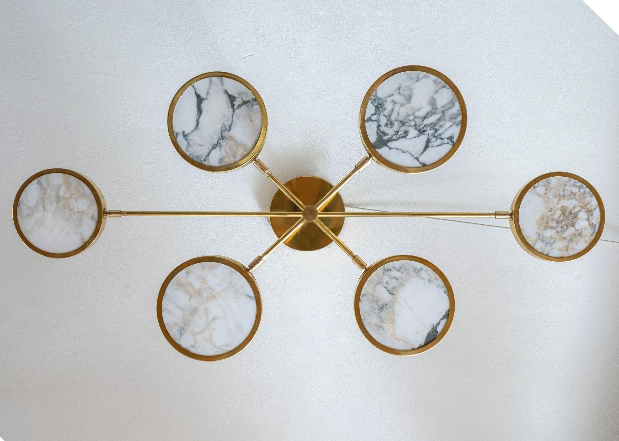 Lustre Sistema Solare design Piattelli, marbre doré et laiton Calacatta, 6 abat-jour en vente 7