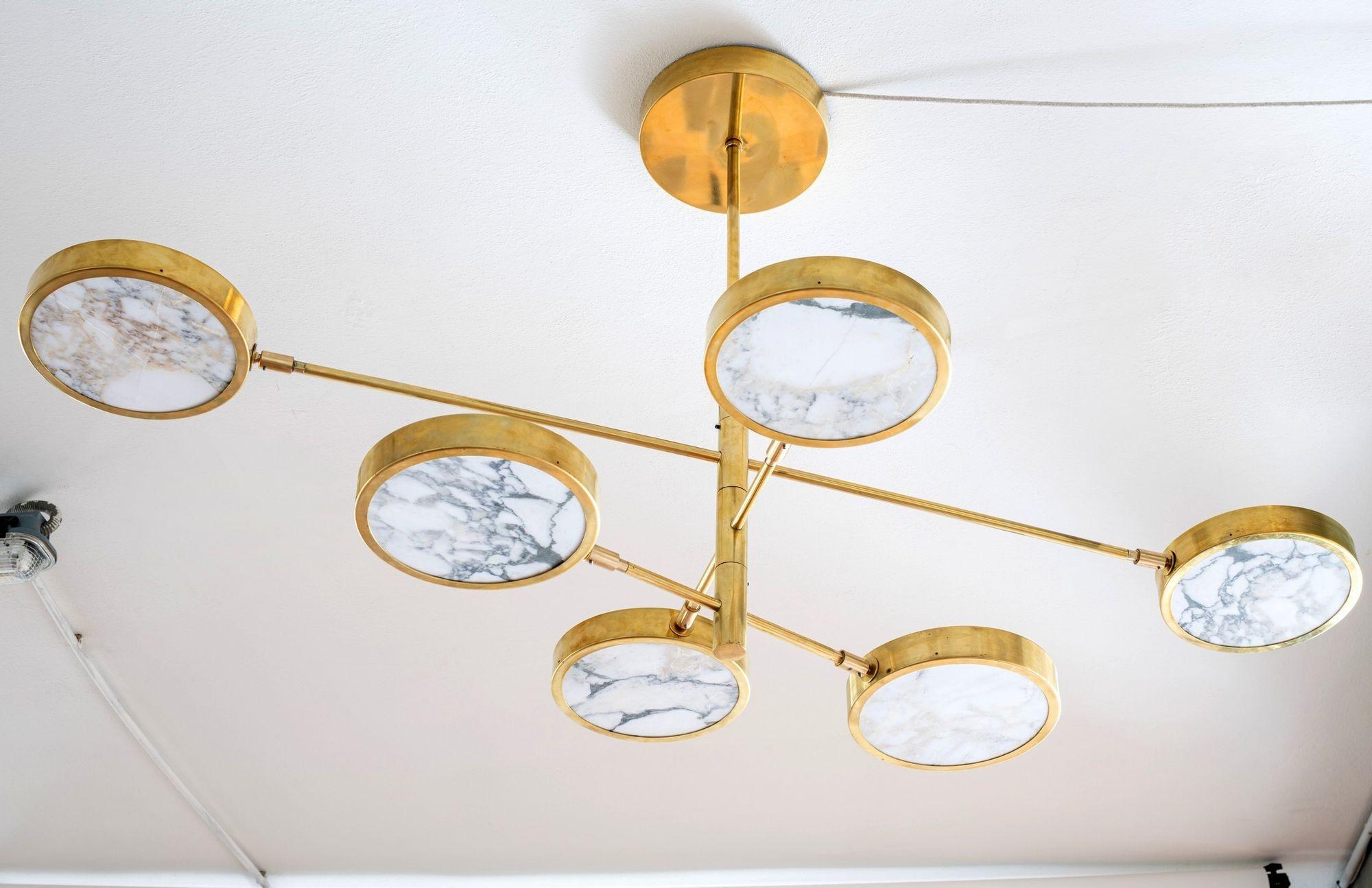 Mid-Century Modern Sistema Solare Chandelier Piattelli Design, Calacatta Gold Marble Brass 6 shades For Sale