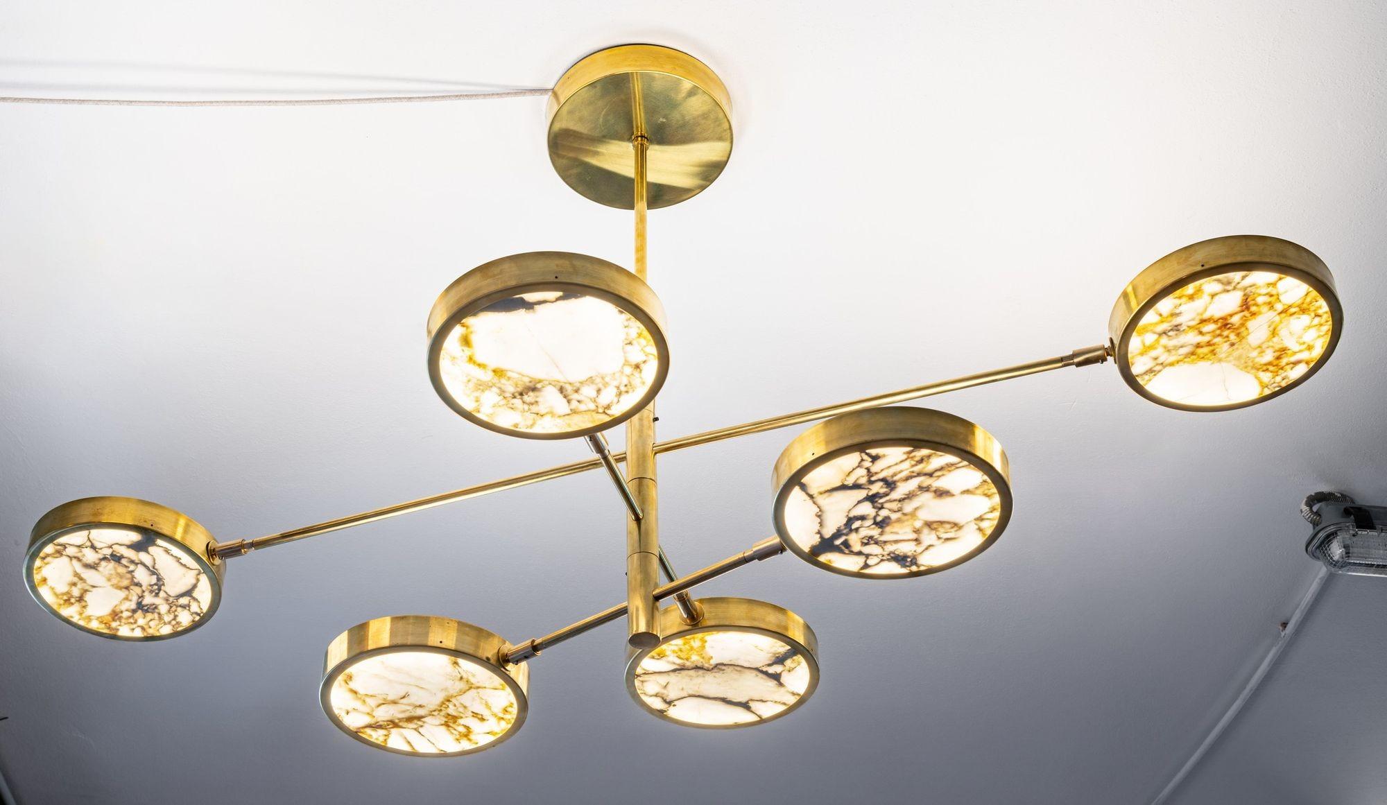 Sistema Solare Chandelier Piattelli Design, Calacatta Gold Marble Brass 6 shades For Sale 1