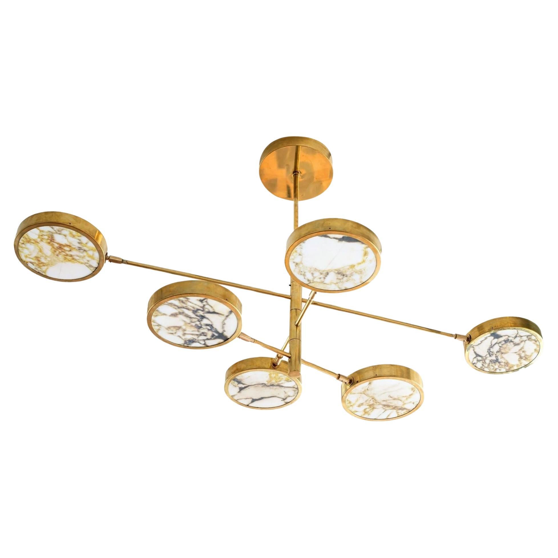 Lustre Sistema Solare design Piattelli, marbre doré et laiton Calacatta, 6 abat-jour