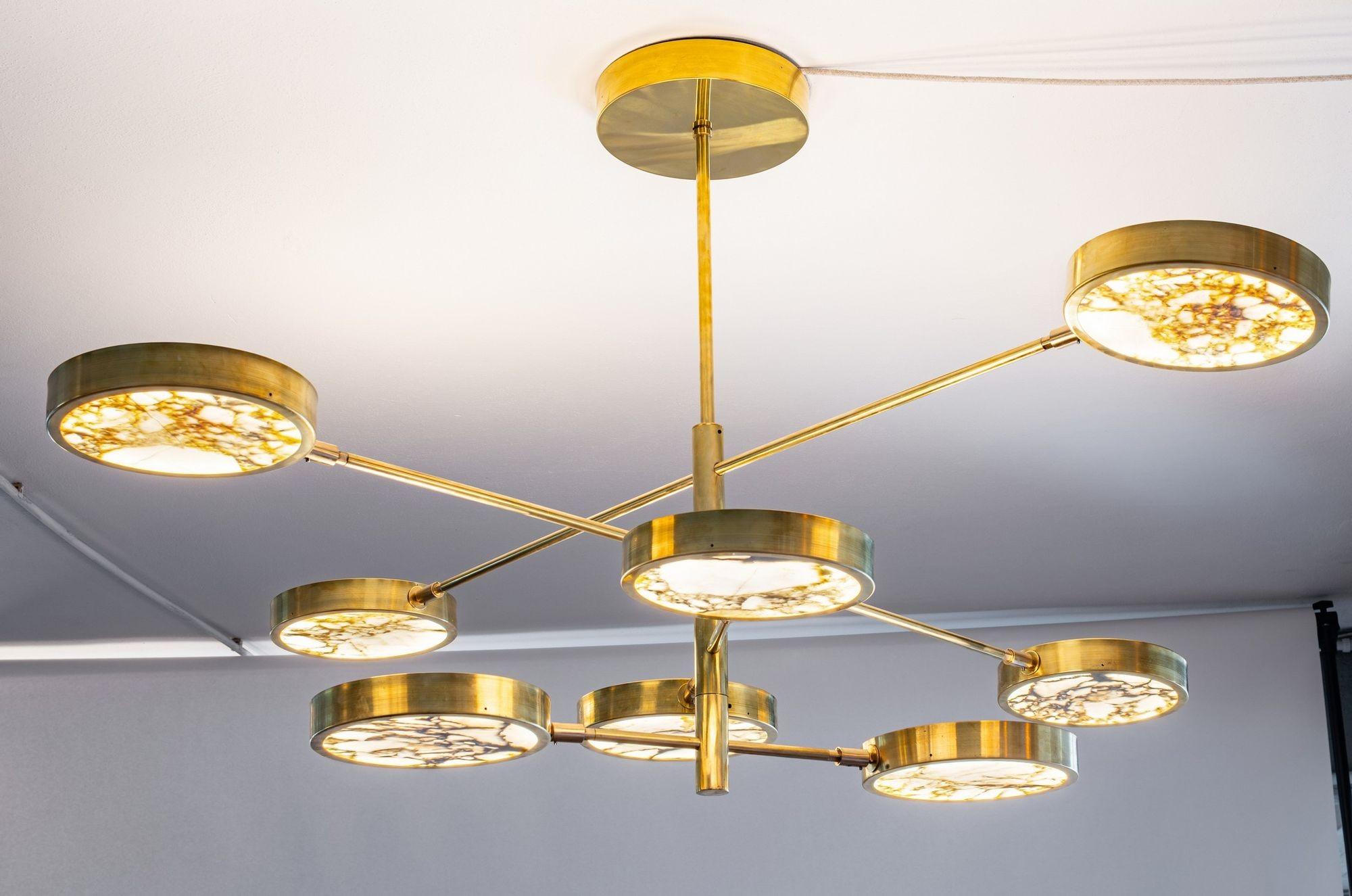 Italian Sistema Solare Chandelier Piattelli Design, Calacatta Gold Marble Brass 8 shades For Sale