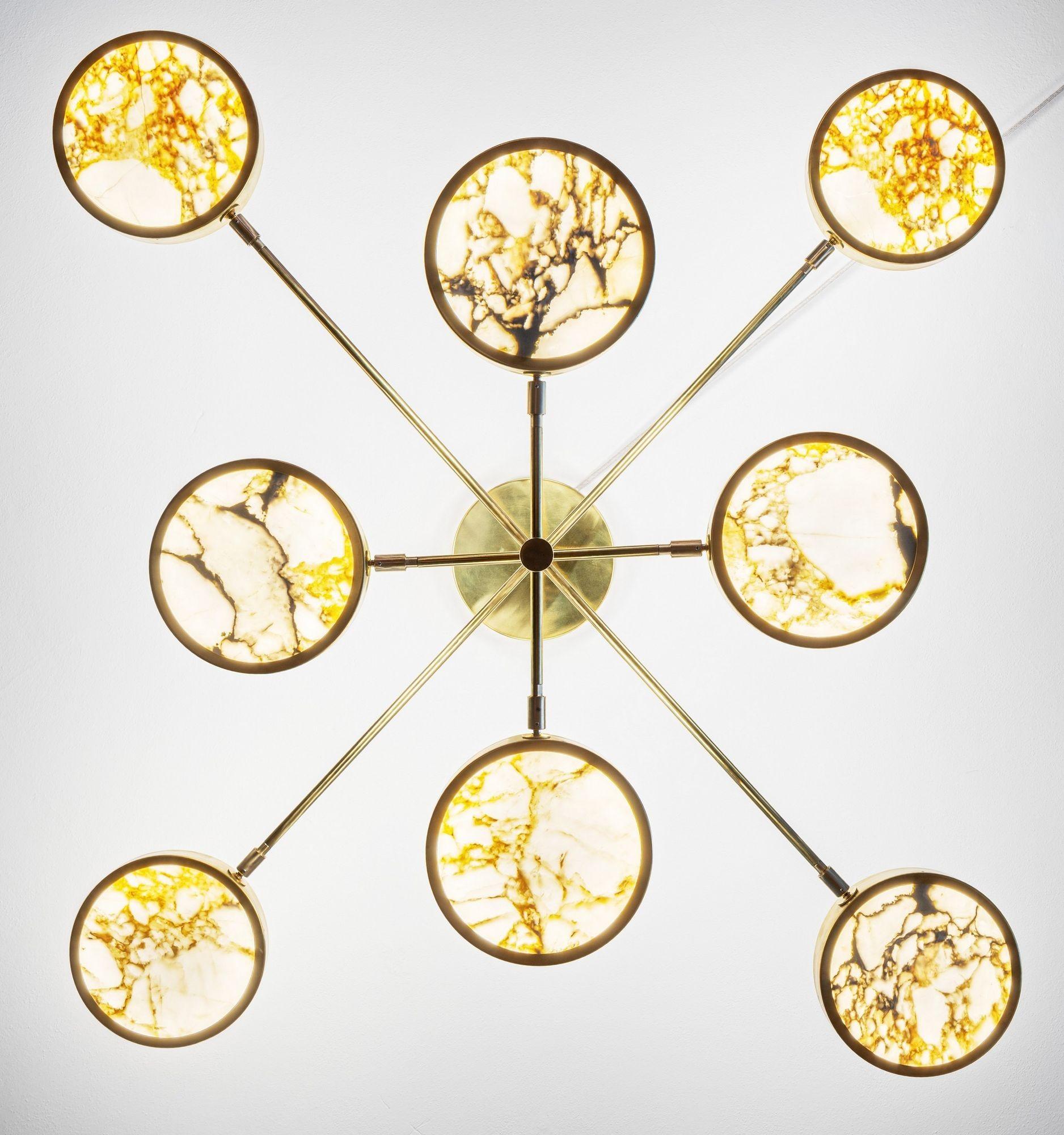 Laiton Lustre Sistema Solare design Piattelli, marbre doré et laiton Calacatta, 8 abat-jour en vente