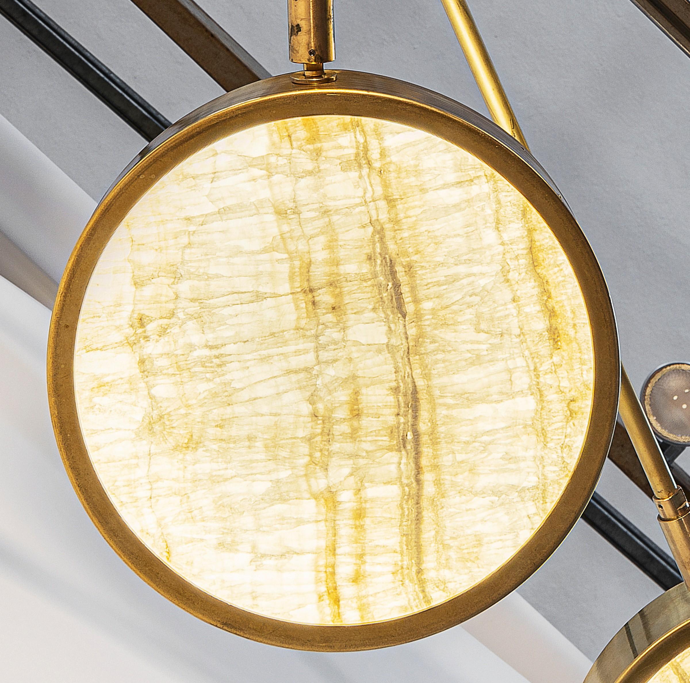 Patinated Sistema Solare, Luxury Ivory Onyx and Brass 8 Rotating Orbitale Arms Chandelier For Sale
