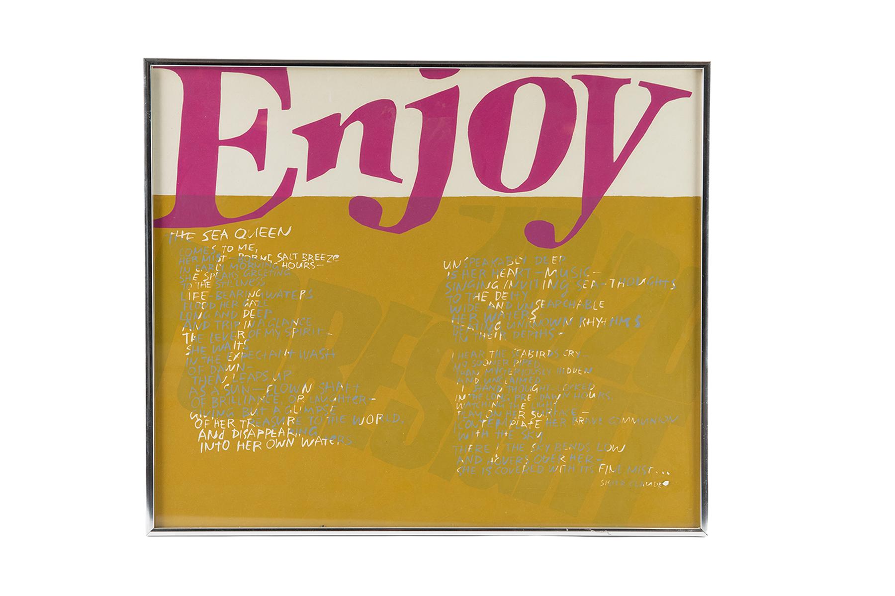 Sister Mary Corita Kent (1918-1986) was known for her text-based pop influenced printmaking that conveyed her activism and spiritually-informed social commentary to promote love and tolerance. This print features bold 'Enjoy' lettering reminiscent