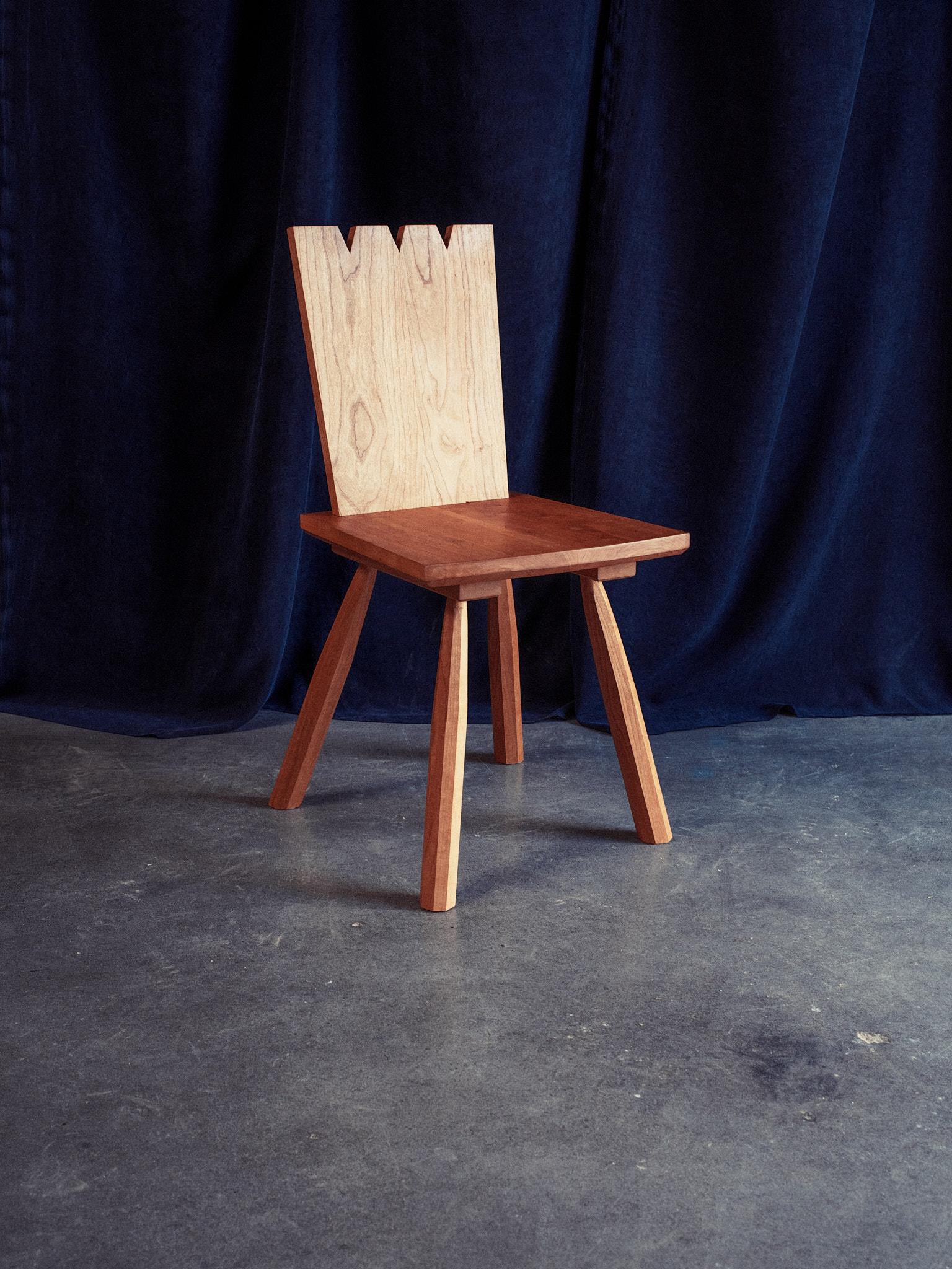 Sister Dining Chair by Nick Sugihara
Dimensions: W 38 x D 41 x H 84 cm (Dimensions may vary slightly)
Materials: Cherry

A playful dining chair which draws heavily from antique swiss back stools.

The back is mortised through the seat and held in