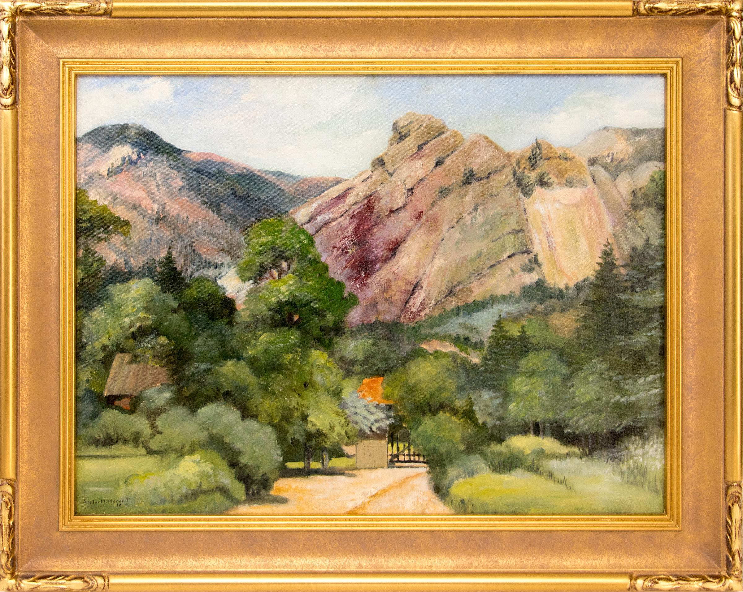 Sommerlandschaft, Ölgemälde, gerahmte Berglandschaft, Felsen, Bäume, Haus, 1930er Jahre – Painting von Sister Mary Norbert