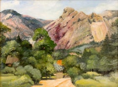 1930s Summer Landscape Oil Painting, Framed Mountain Landscape Rocks Trees House