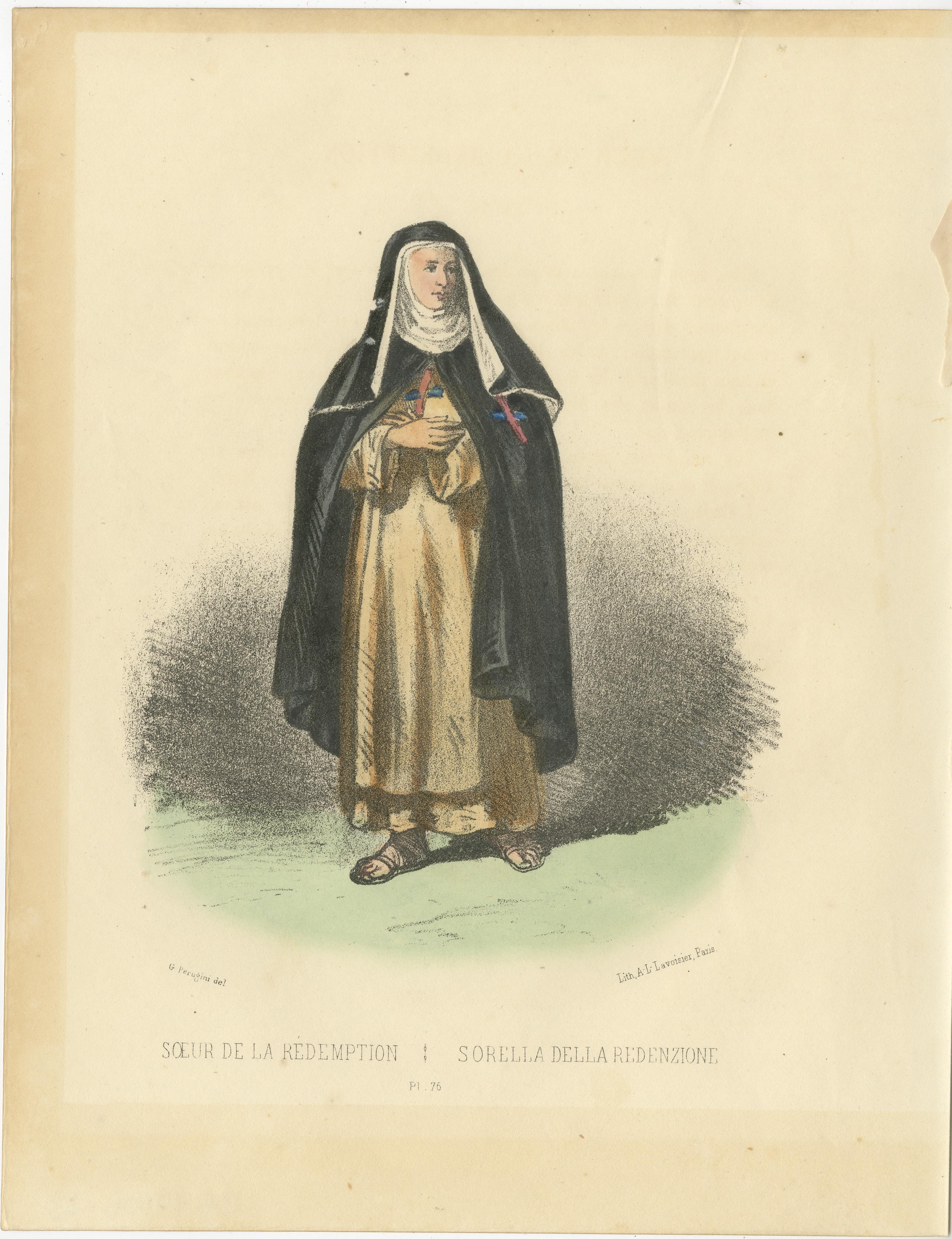 Soeur de la Rédemption Handkolorierter antiker Druck, Platte 76, 1862

Diese bemerkenswerte handkolorierte Lithografie mit dem Titel Soeur de la Rédemption (Schwester der Erlösung) ist Tafel 76 aus der zweiten Ausgabe von Album ou Collection