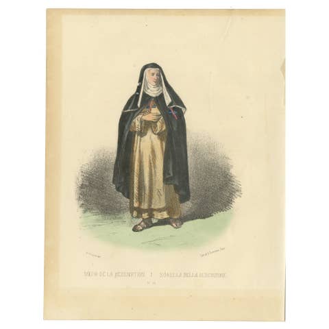 Sister of Redemption in Traditional Habit – Vibrant Handcolored 1862 Lithograph