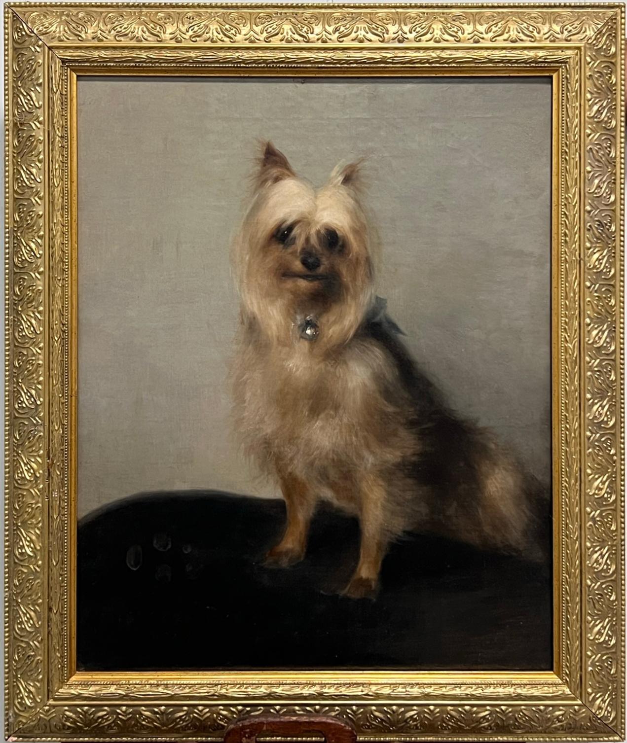 Portrait Painting Sister Phoebe - Portrait ancien de chien terrier de Yorkie du 19ème siècle dans un cadre sculpté et doré