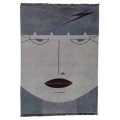 Sister Punk - Modern Geometric Wool Rug Beige Blue Grey White with Graphic Face