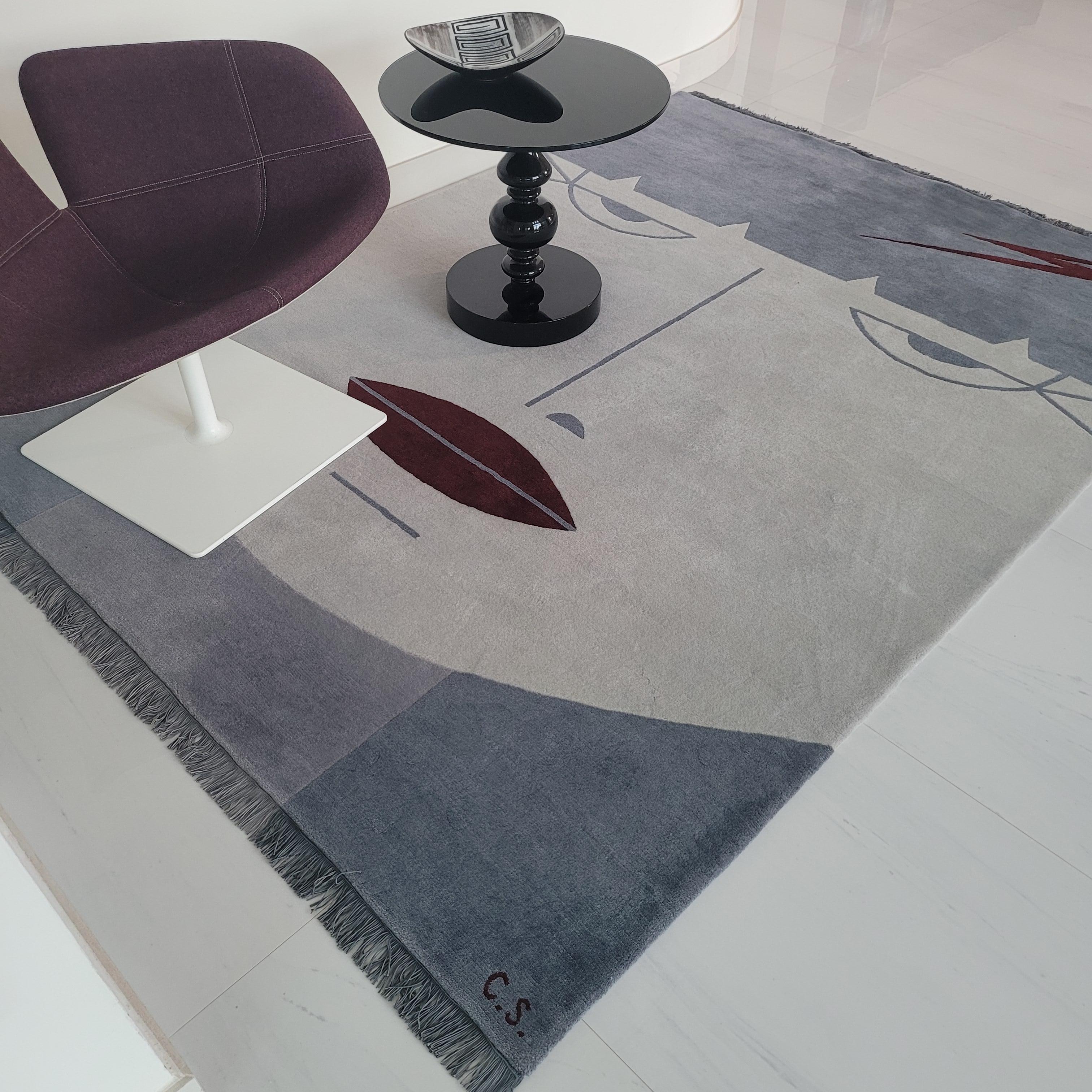 Scandinavian Modern Sister Punk rug  light and dark grey, with dark red, geometric face, wool carpet For Sale