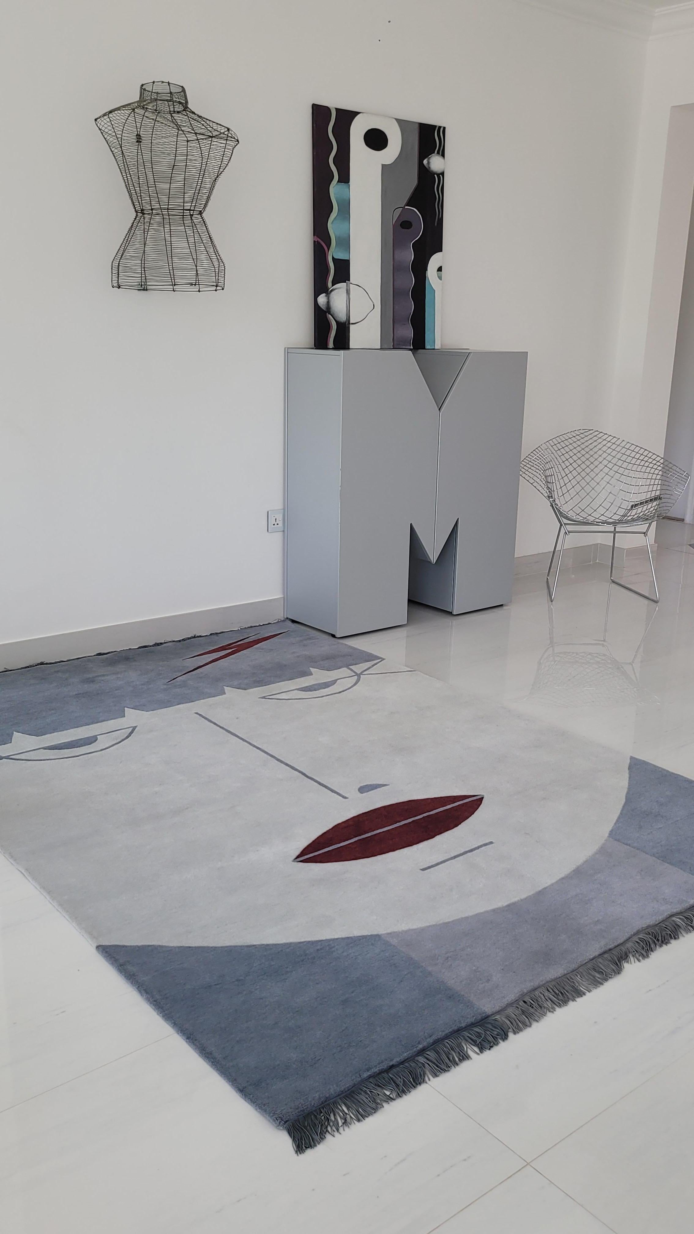 Sister Punk rug  light and dark grey, with dark red, geometric face, wool carpet In New Condition For Sale In Dubai, Dubai