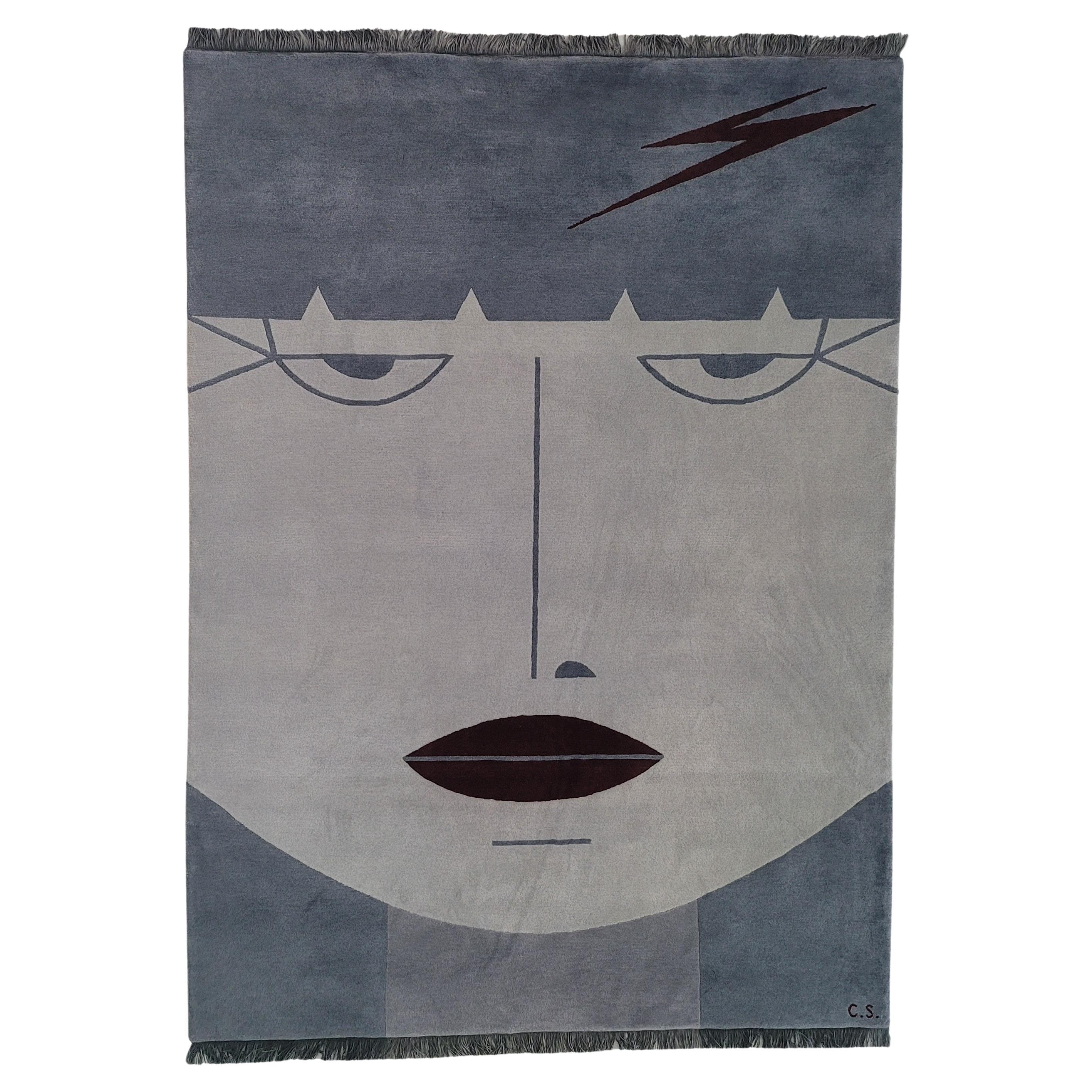 Sister Punk rug  light and dark grey, with dark red, geometric face, wool carpet For Sale