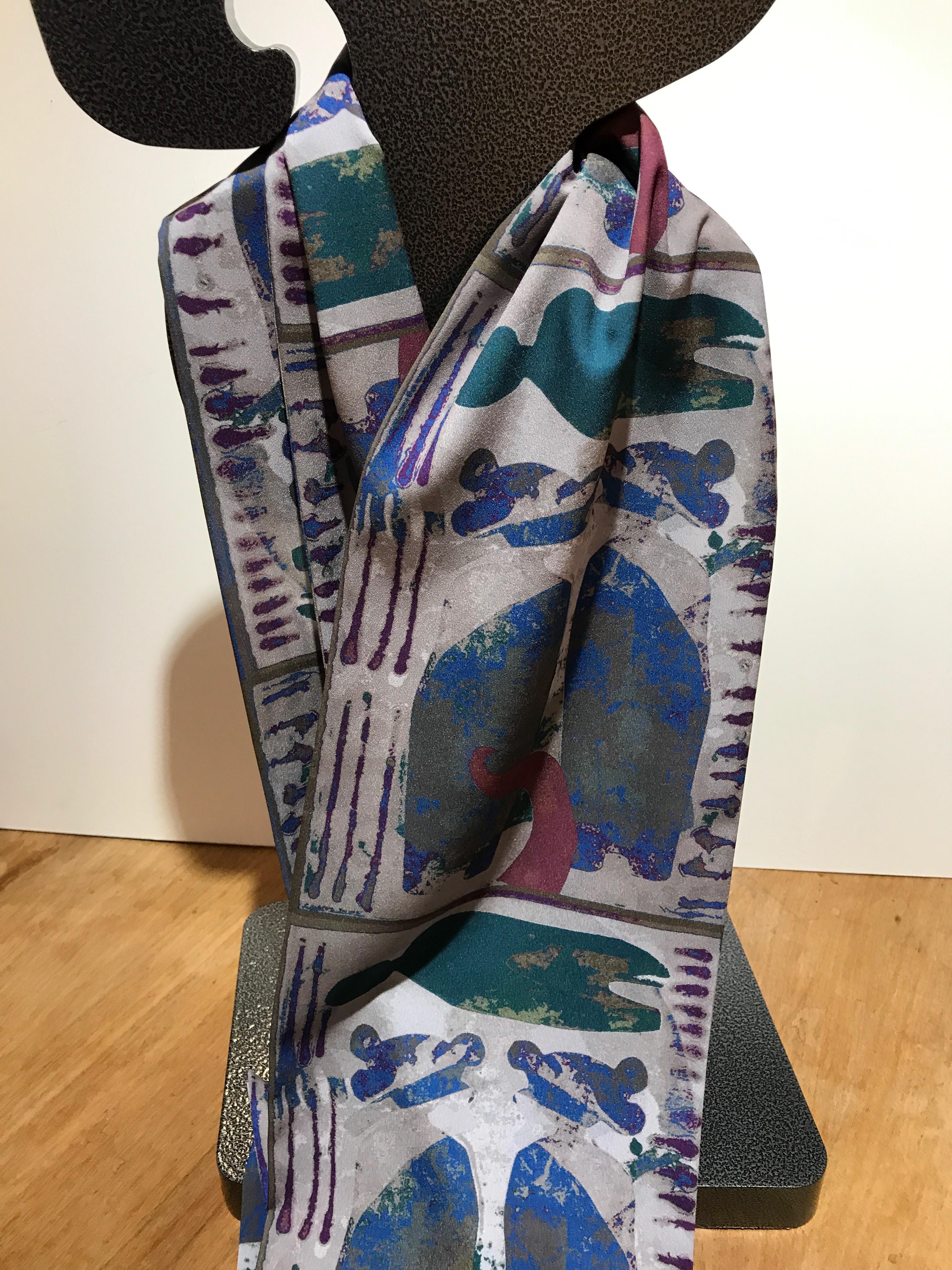 Sister Twins, scarf, Melanie Yazzie, Navajo, purple, gray, blue, green, wearable For Sale 1
