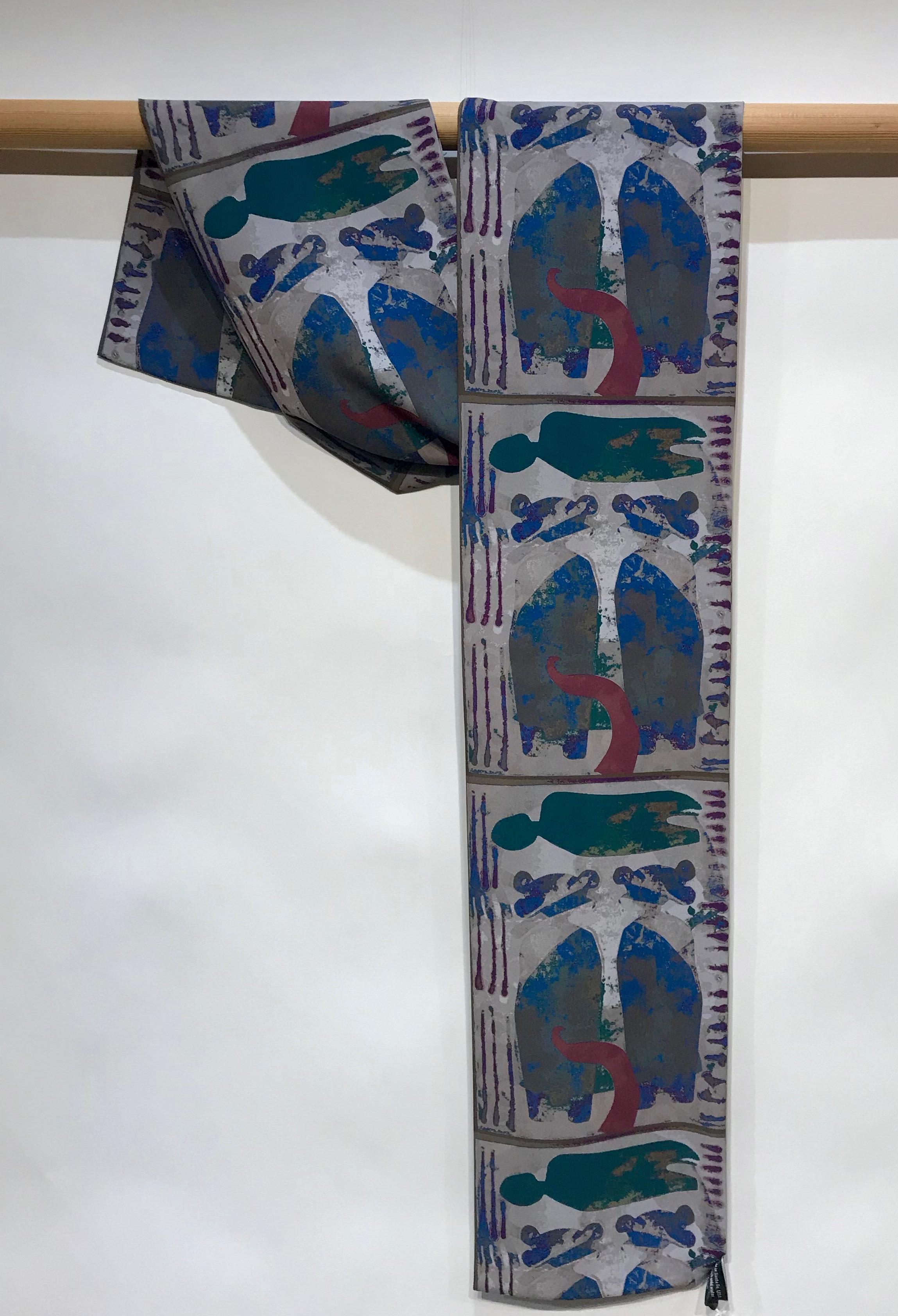 Sister Twins, scarf Melanie Yazzie Navajo purple gray blue green Hopi wearable  In New Condition In Santa Fe, NM