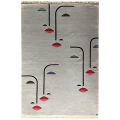 Rug Sisters - Hand-Knotted Carpet Grey Wool Silk  Black Faces Red Lips Blue Eyes