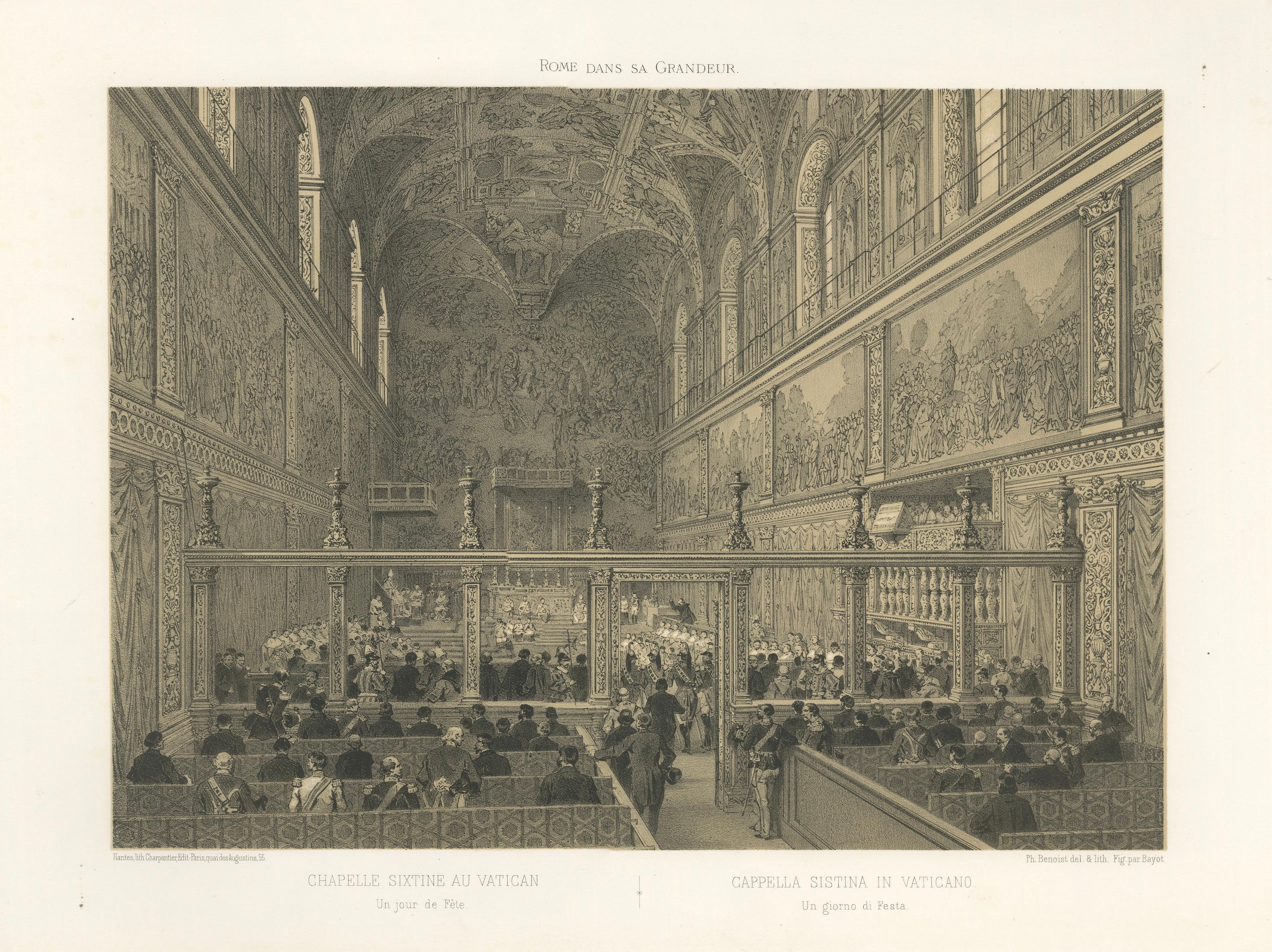 Sistine Chapel Interior, Vatican – Antique Festive Scene Print, 1869