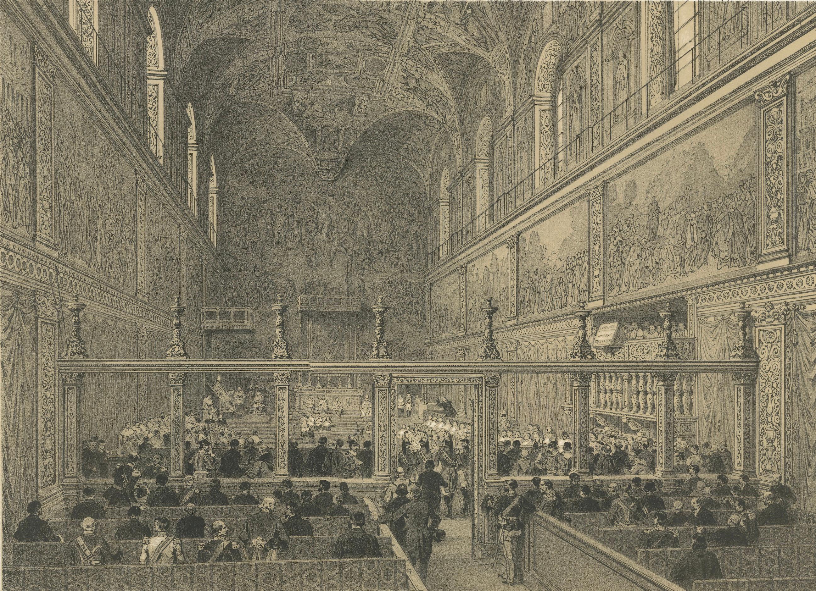 Sistine Chapel Interior, Vatican – Antique Festive Scene Print, 1869