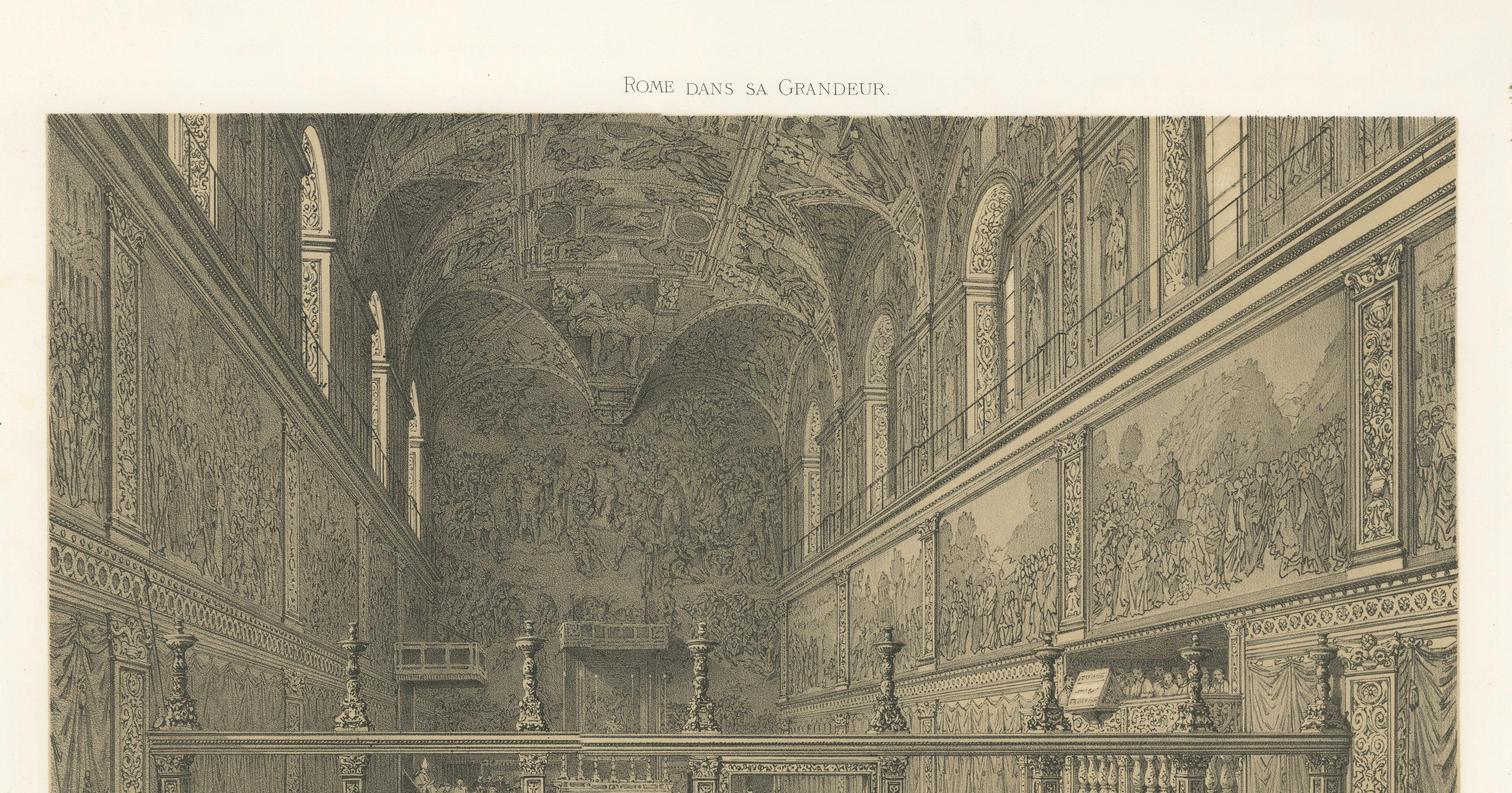 Sistine Chapel Interior, Vatican – Antique Festive Scene Print, 1869