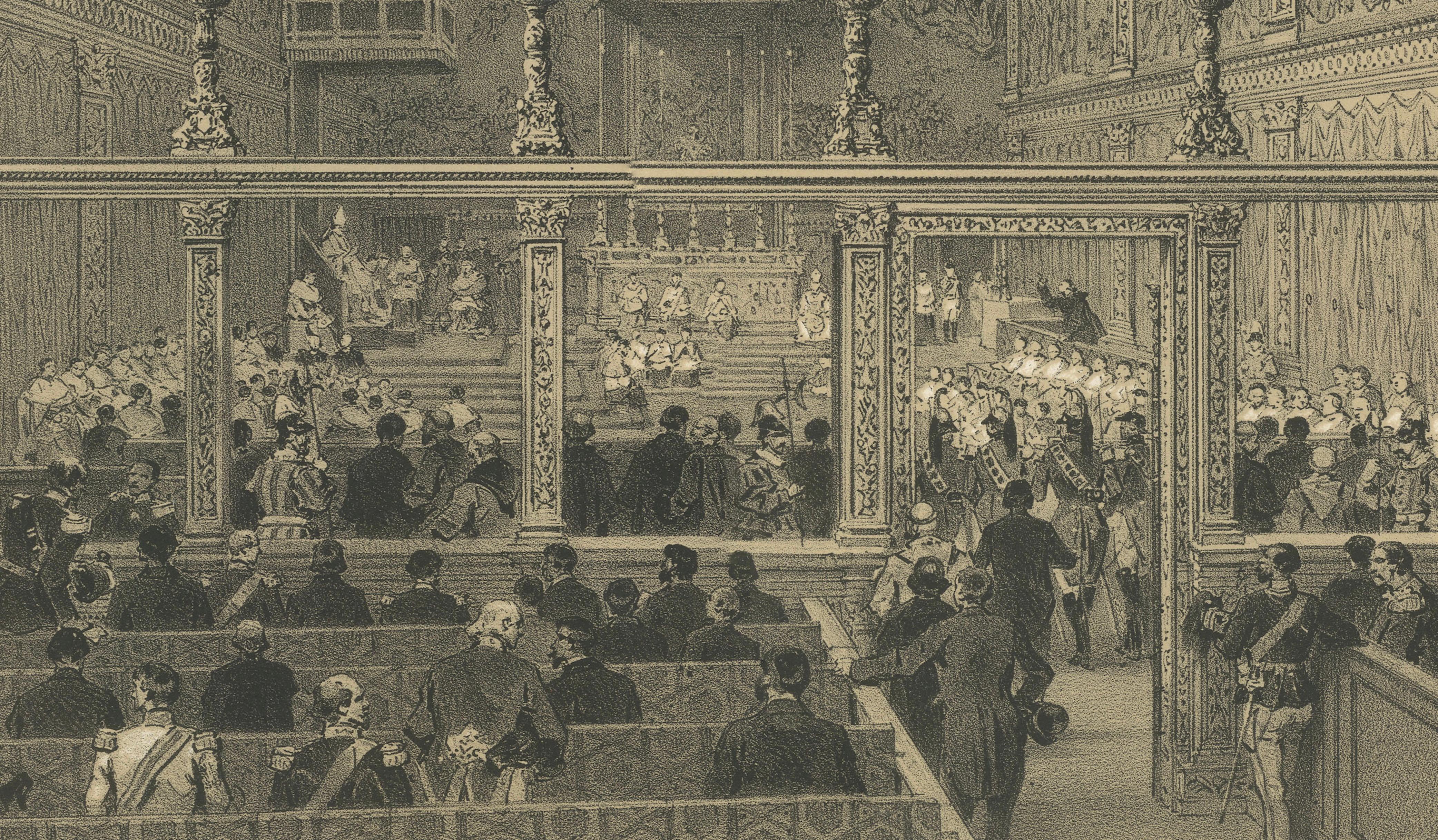 Sistine Chapel Interior, Vatican – Antique Festive Scene Print, 1869