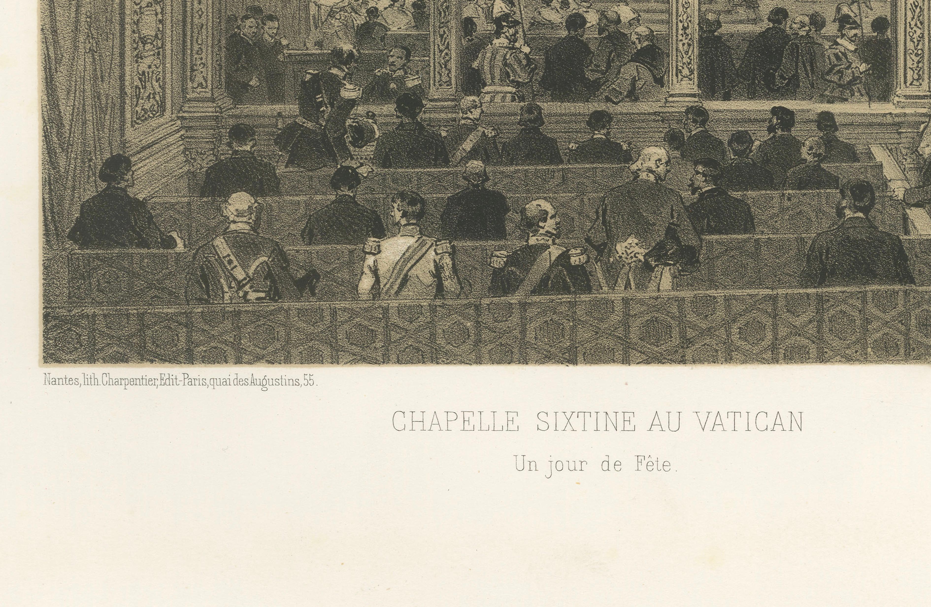 Sistine Chapel Interior, Vatican – Antique Festive Scene Print, 1869