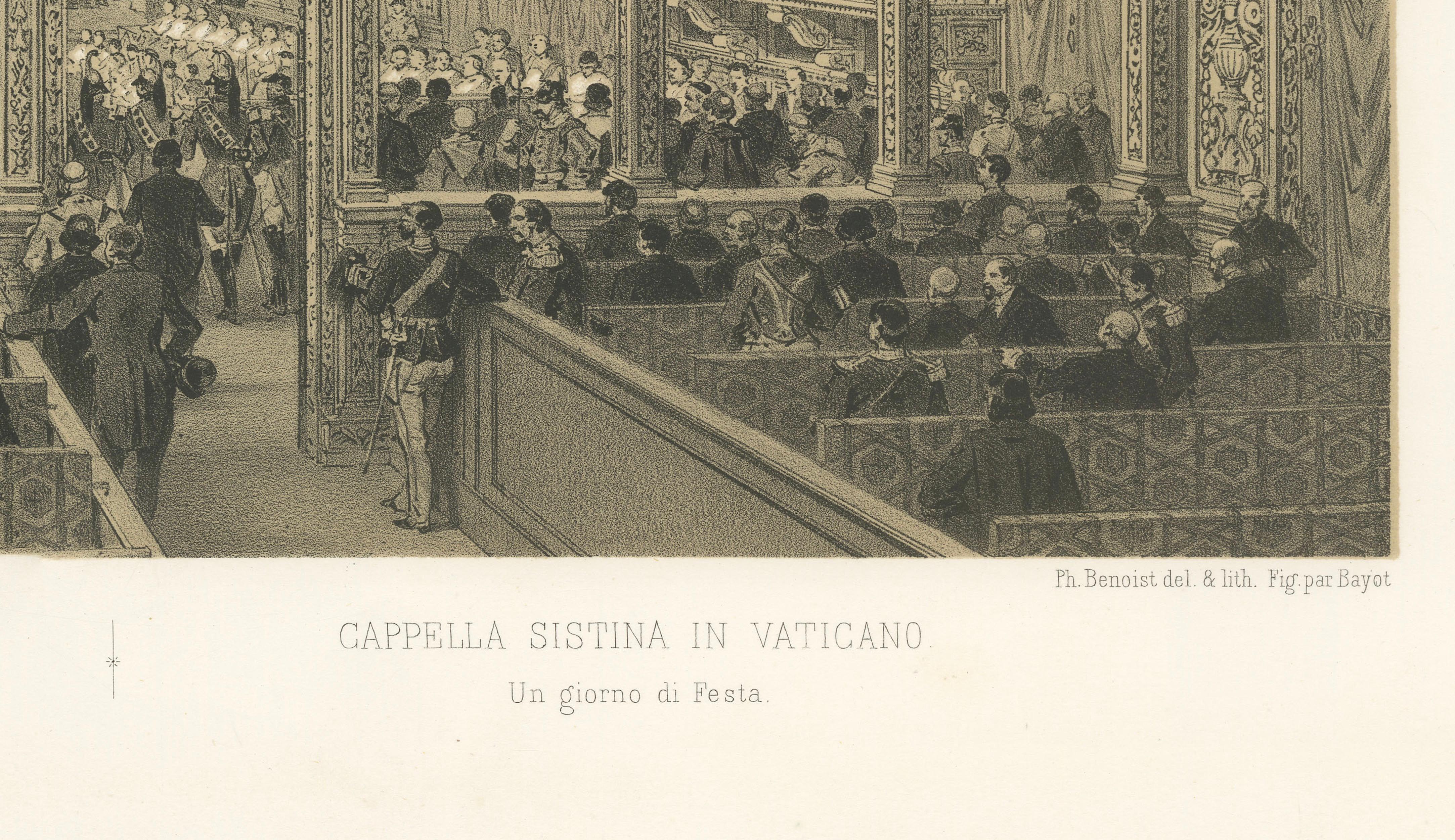 Sistine Chapel Interior, Vatican – Antique Festive Scene Print, 1869