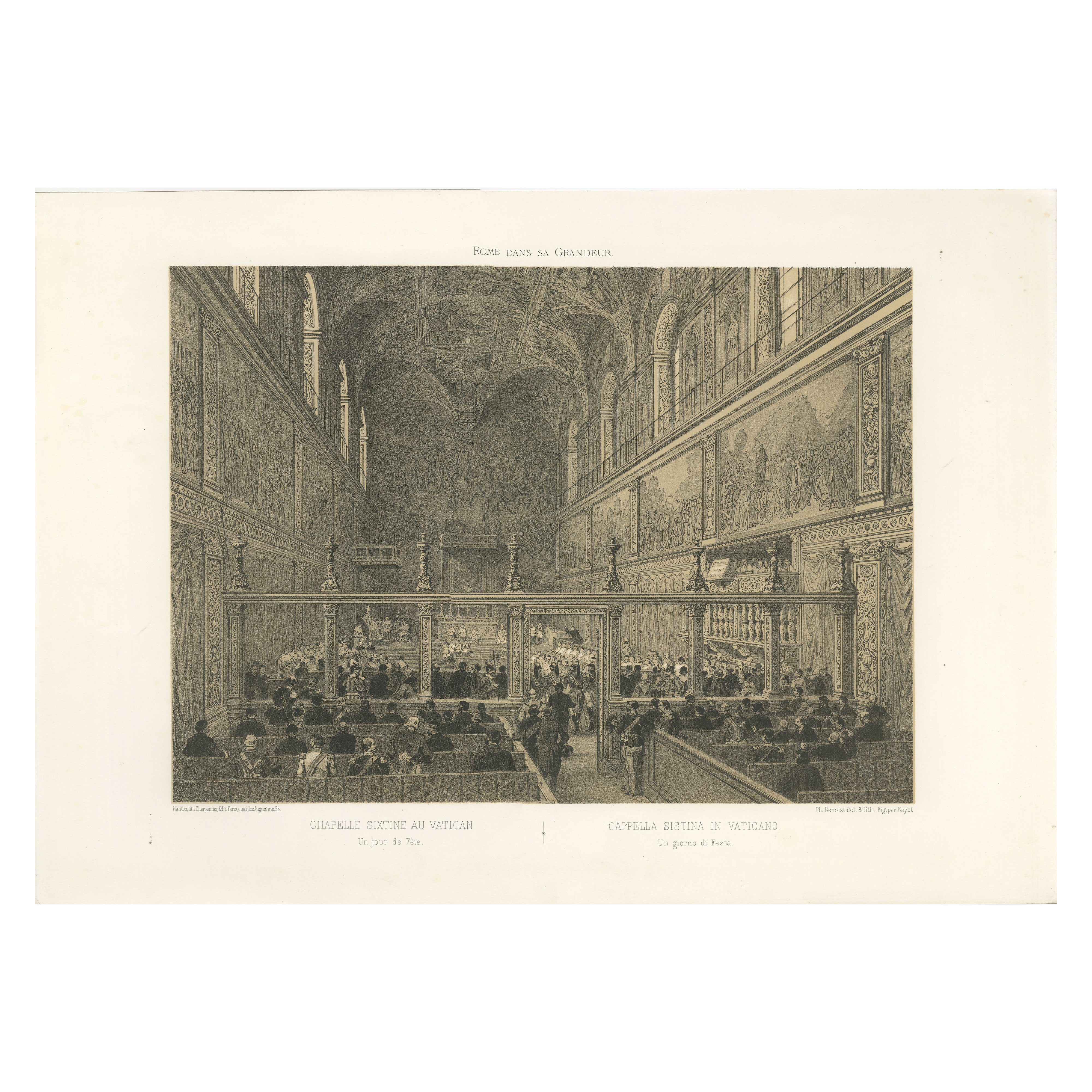 Sistine Chapel Interior, Vatican – Antique Festive Scene Print, 1869
