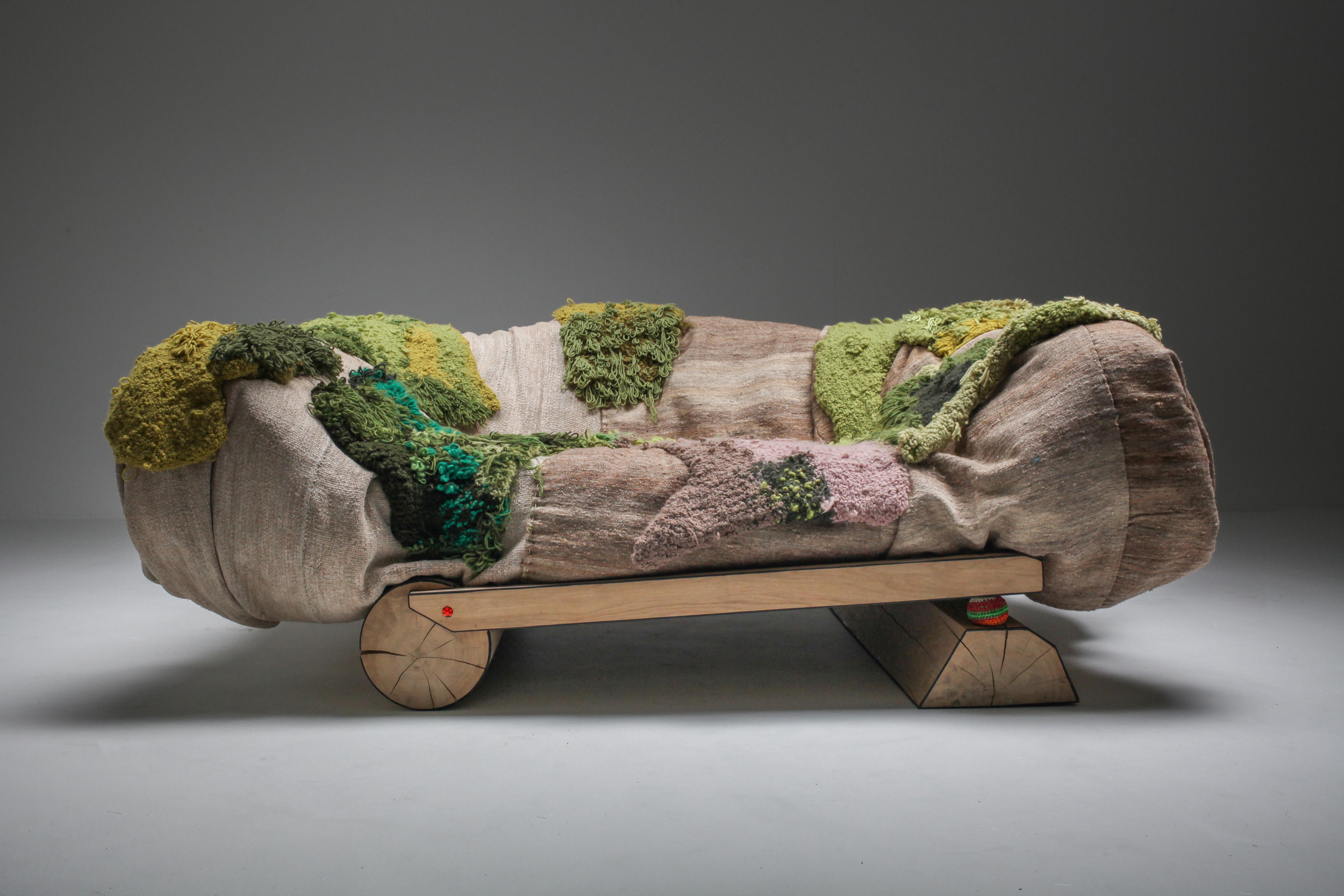 This functional art sofa echoes the trucks that transport the grain in Rajasthan, the canvas is a weaving of raw wool from the mountainous regions of Turkey, the tapestry was created in a collaboration with French artist Olivia Babel and features
