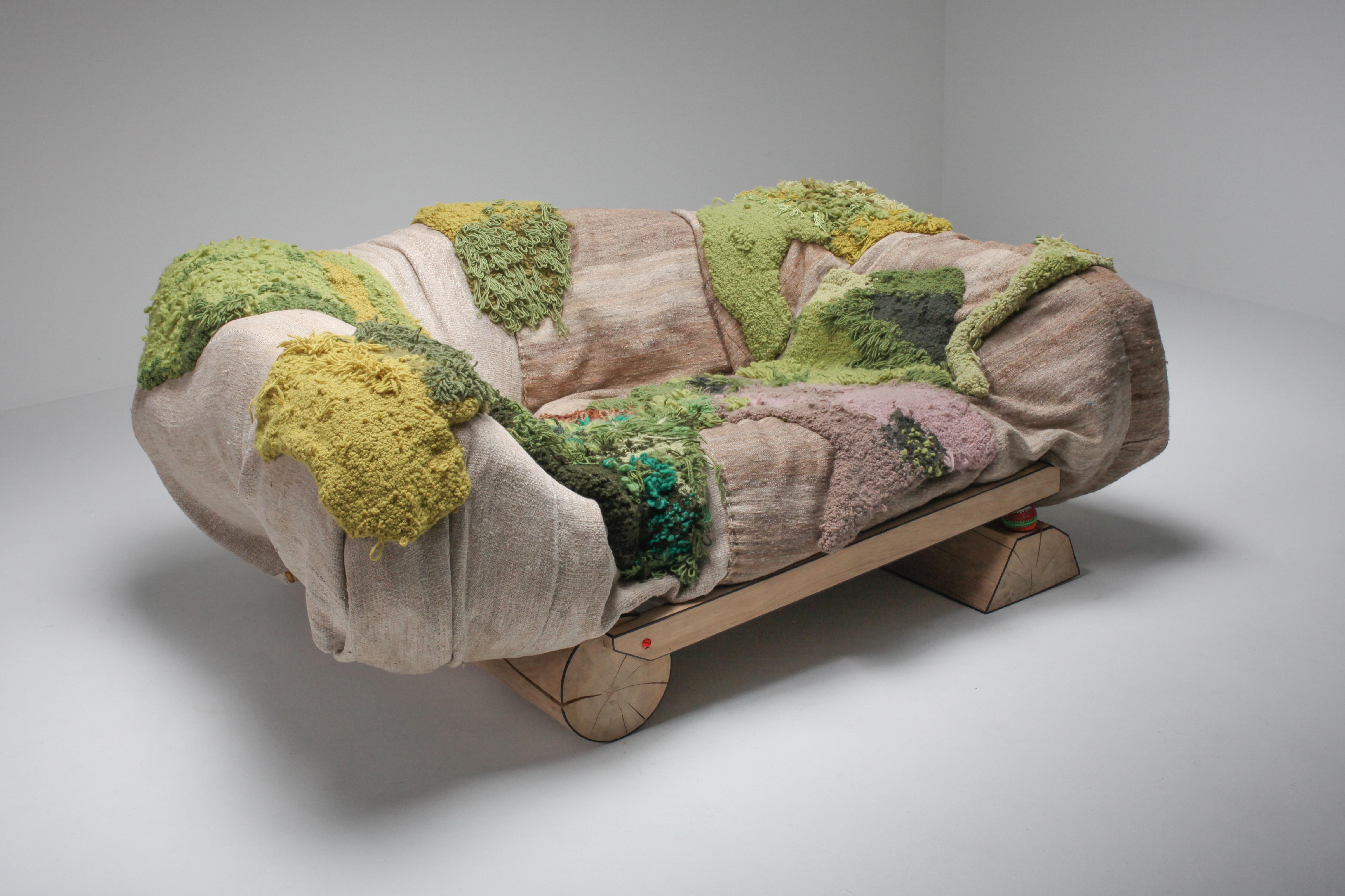Post-Modern 'Sit in My Valley II' Woven Raw Wool and Solid Oak Sofa, Lionel Jadot, 2020