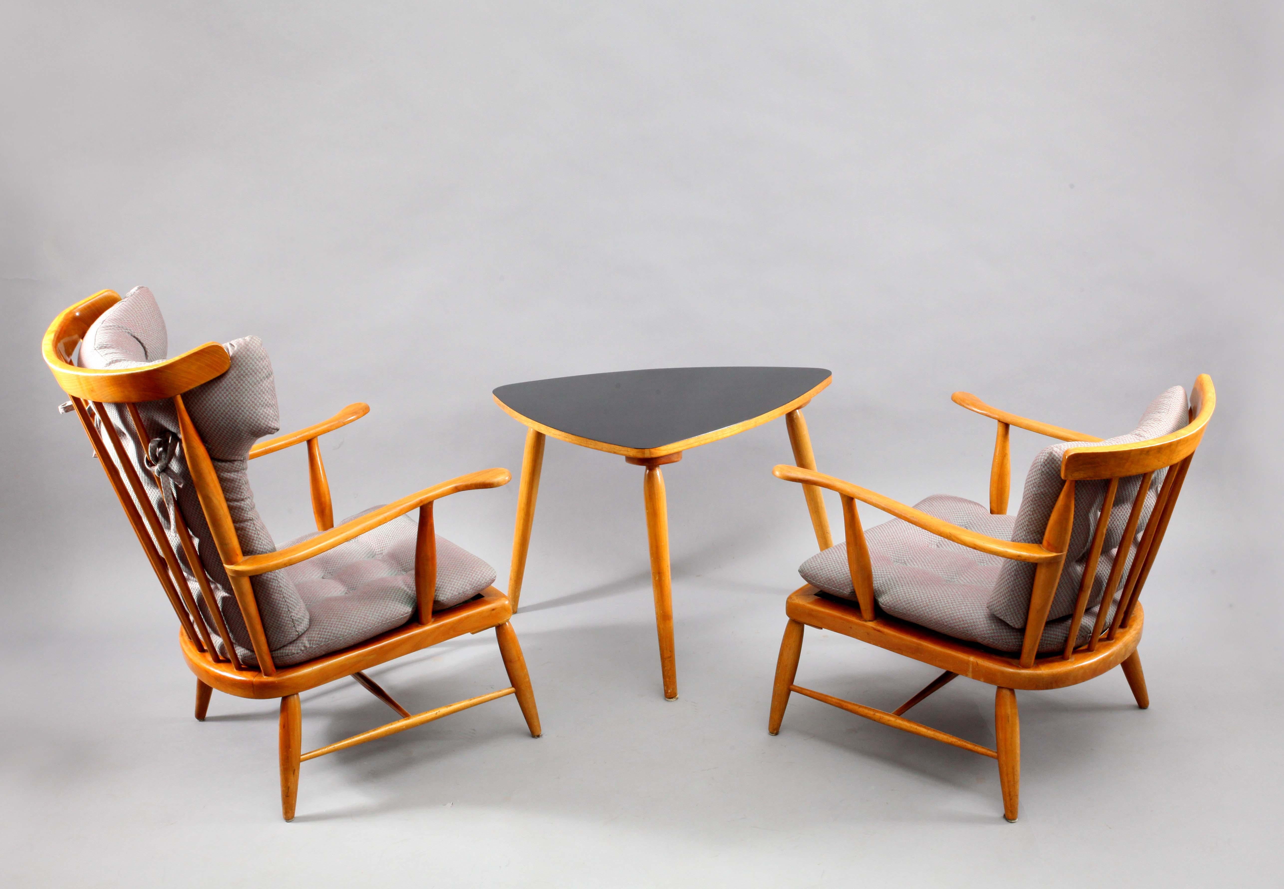 Sitting Suite,
big and small armchair with triangle table,
Vienna, 1950
solid wood.