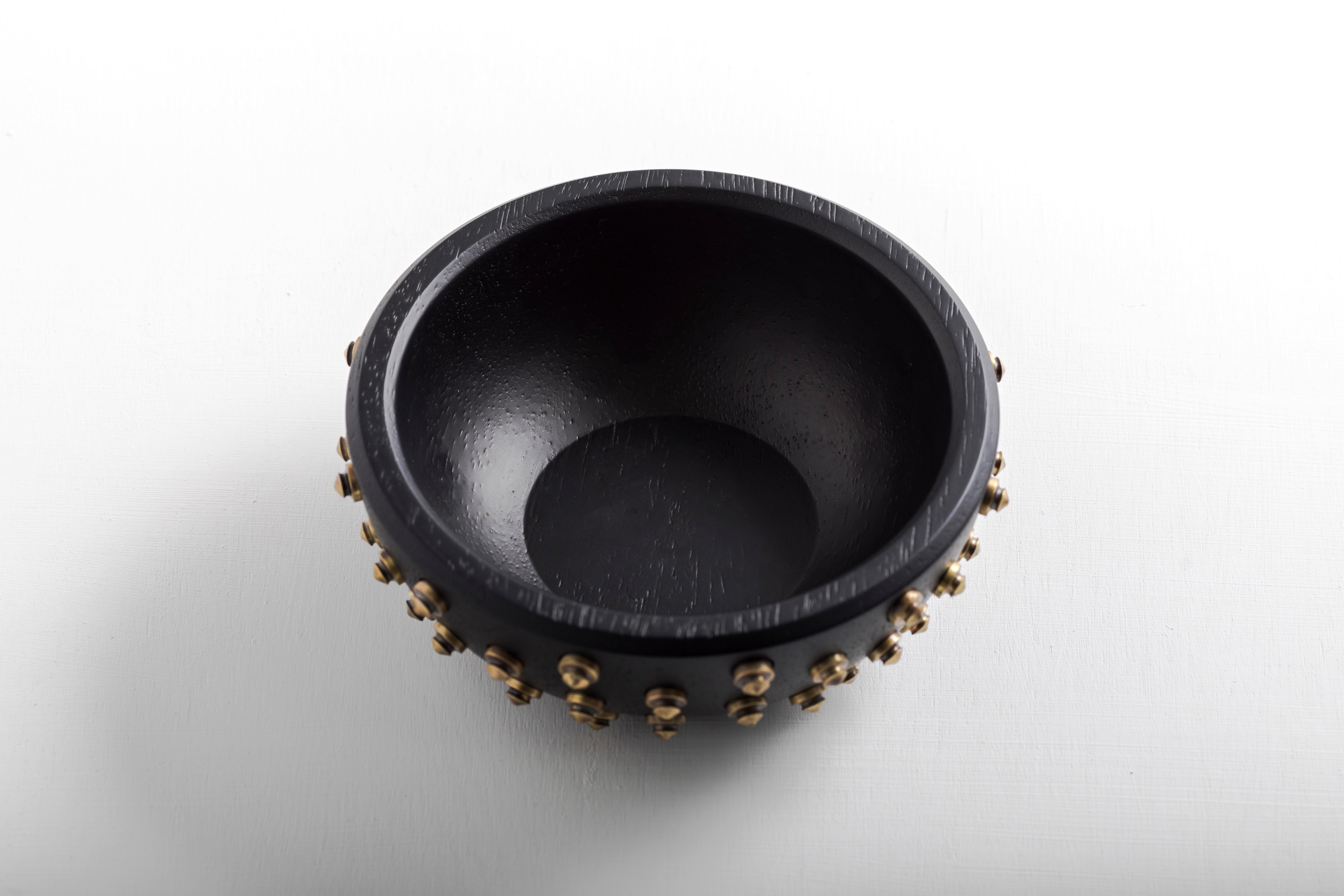 Hand-Crafted SITIERA Decorative Wood Bowl with Bronze Details by ANDEAN, In Stock For Sale